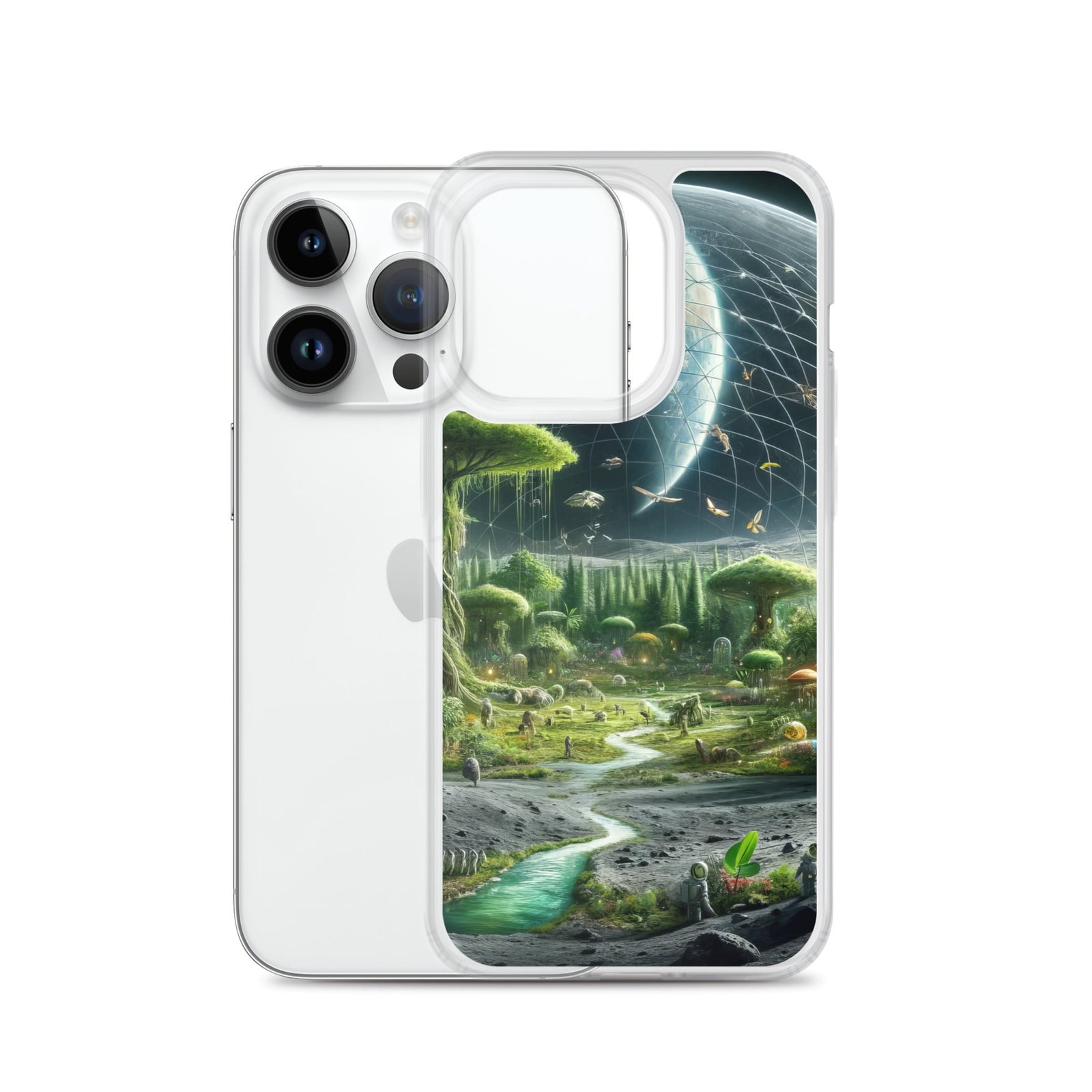 A clear iPhone case featuring an image of an alien landscape on the moon.
