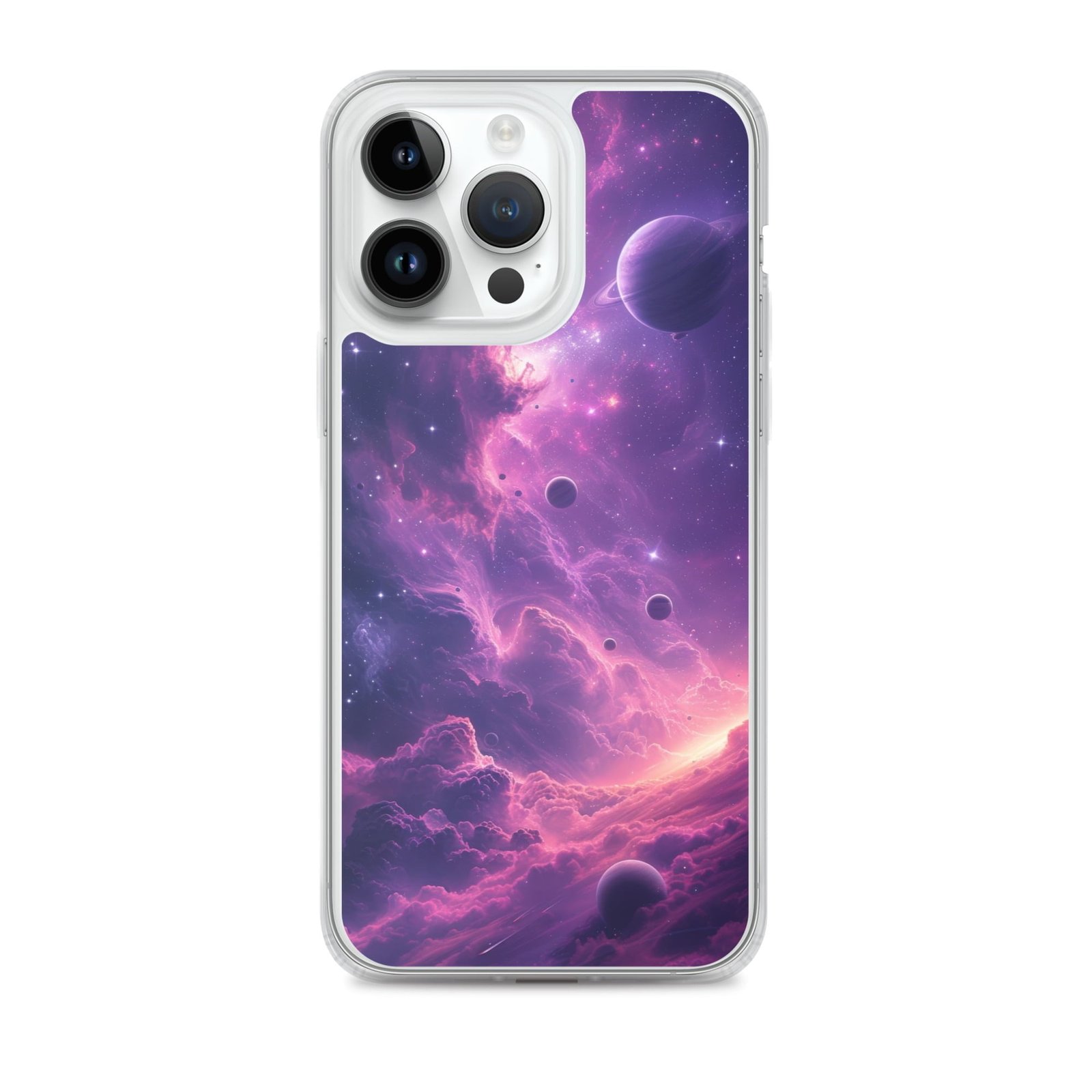 A stunning galaxy-themed iPhone case, showcasing the beauty of nebulas and planets.