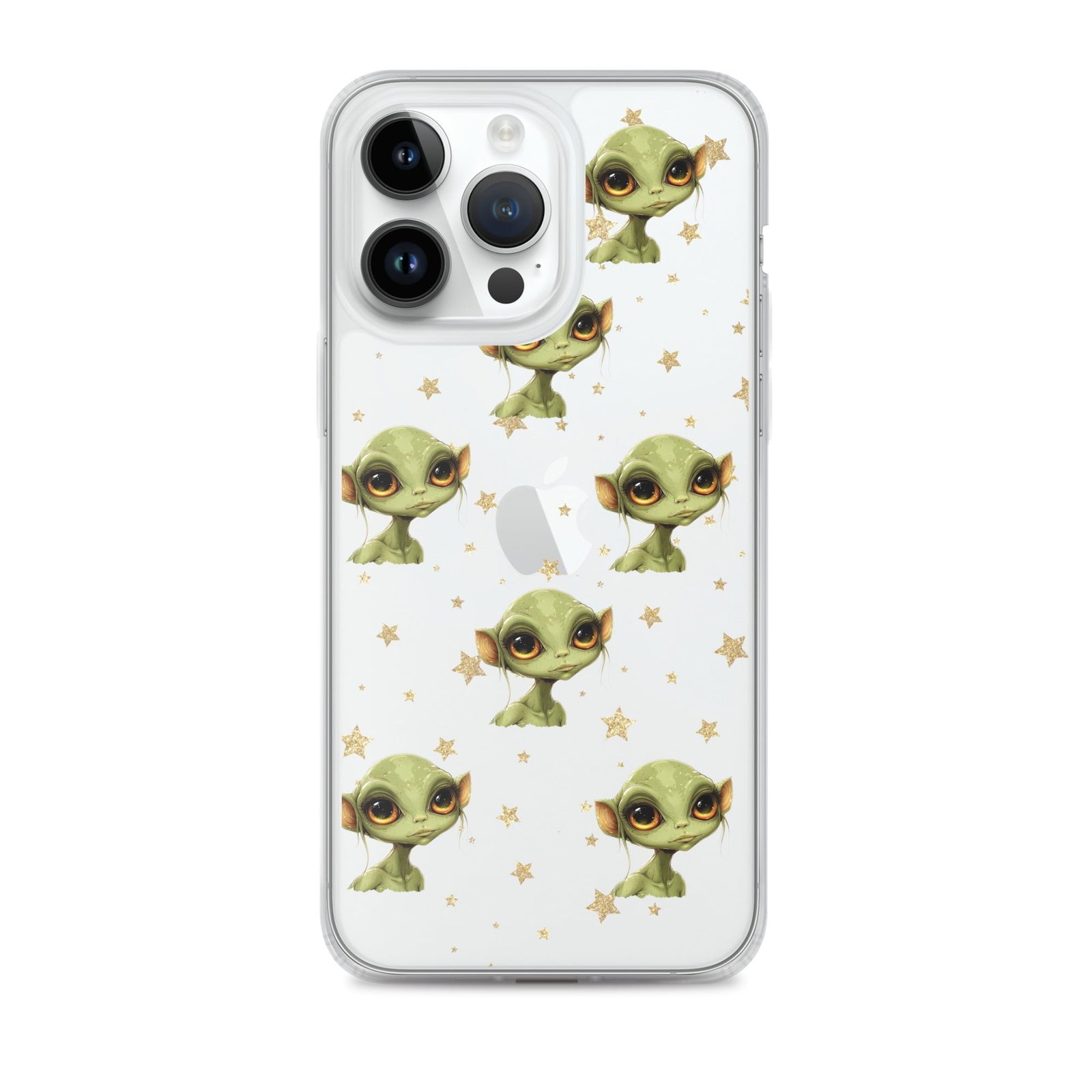 A clear iPhone case featuring a deep space alien surrounded by stars.