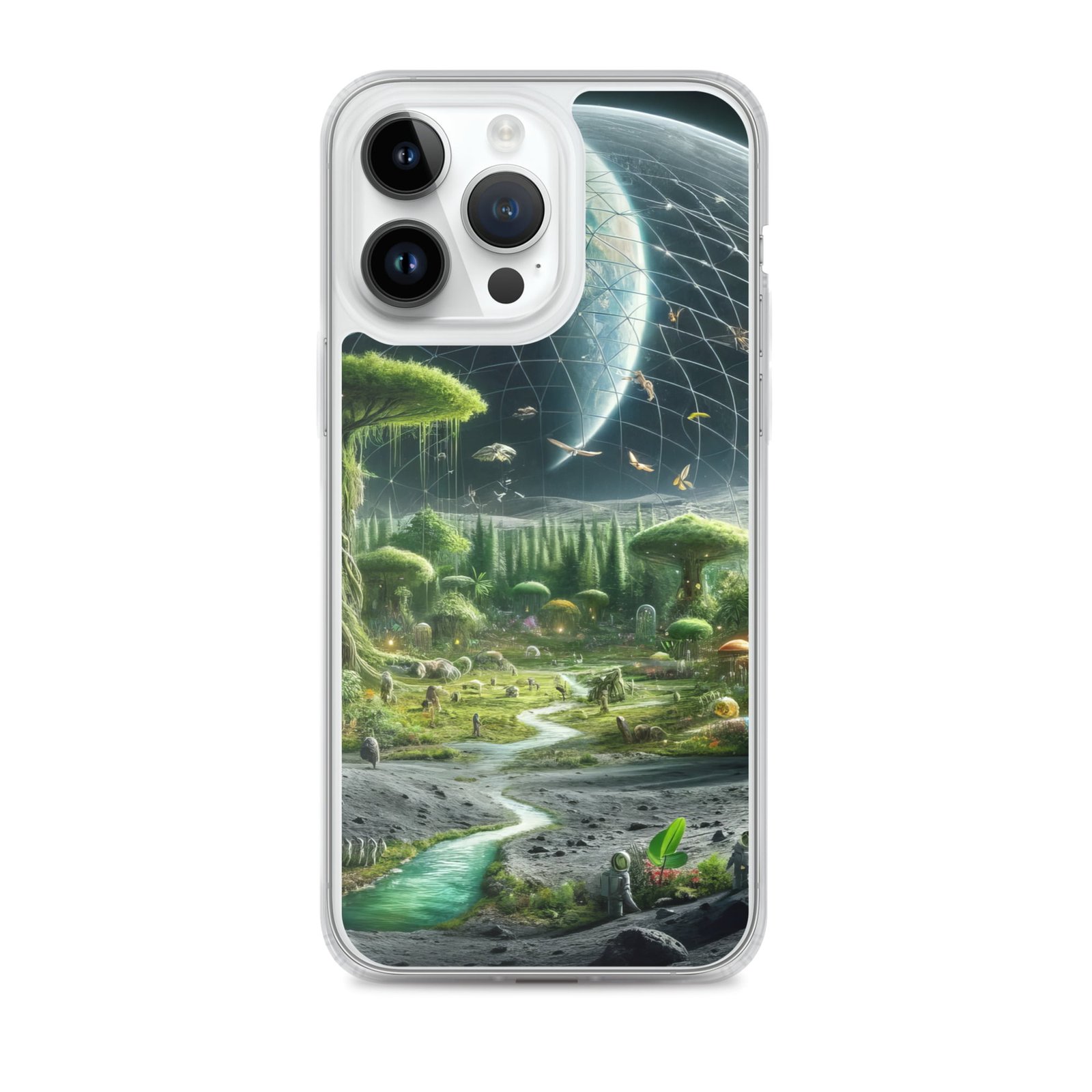 A clear case for an iPhone featuring an image of an alien landscape on the moon.