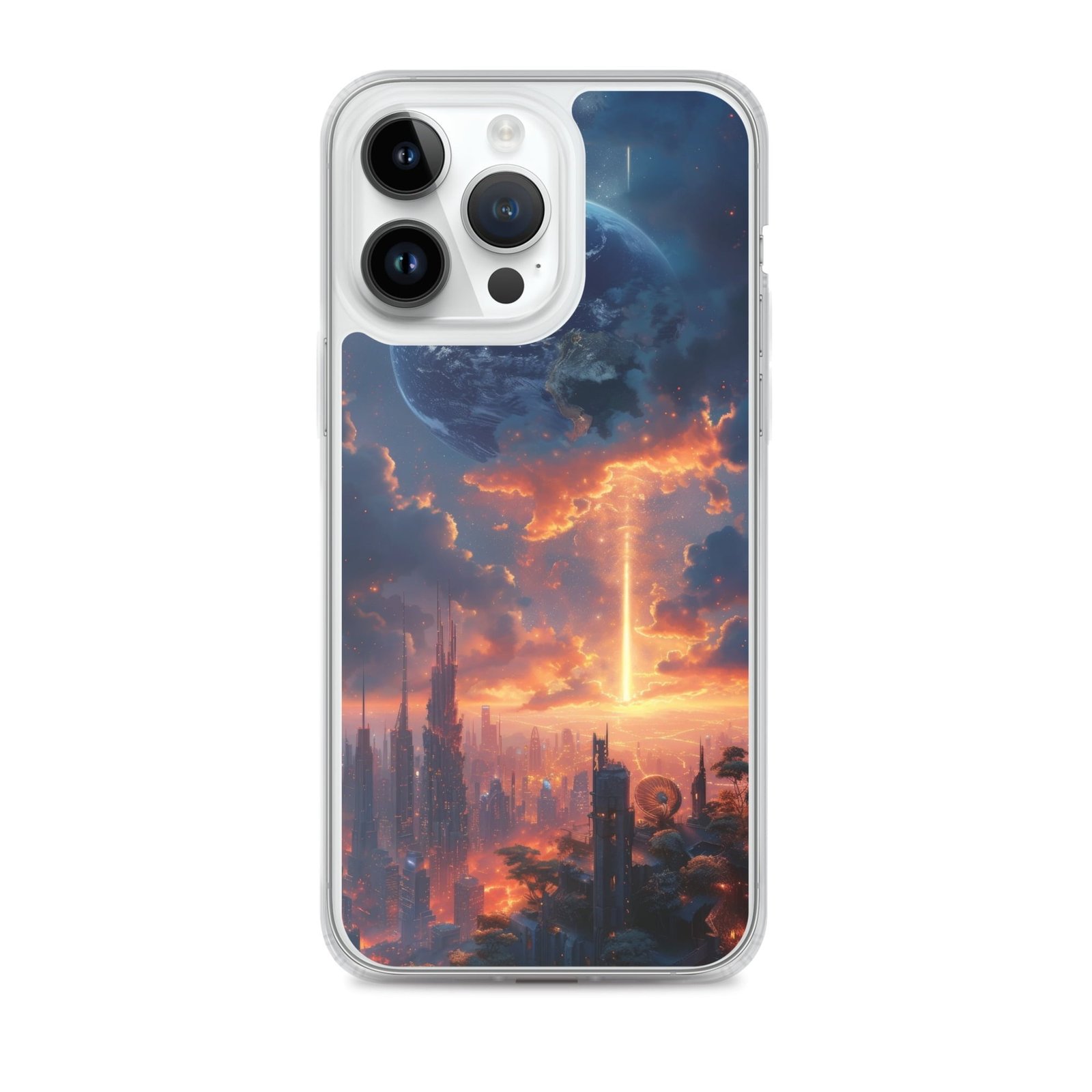 An iPhone case with a clear case featuring an image of a city at sunset.