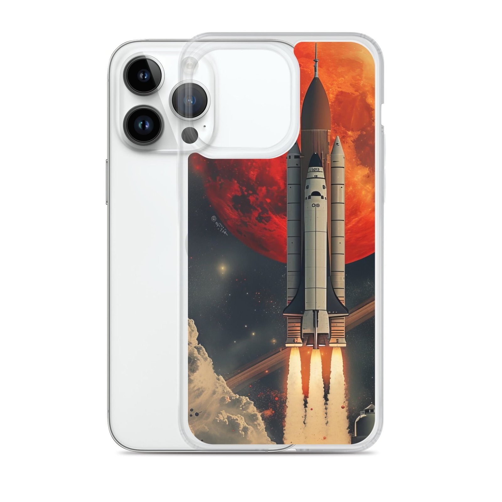 Clear iPhone case featuring a NASA space shuttle launch design with moon backdrop.