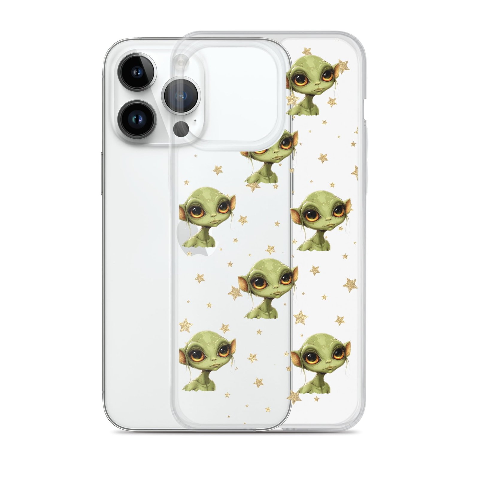 A clear iPhone case featuring a green alien with stars on it, inspired by the deep space.