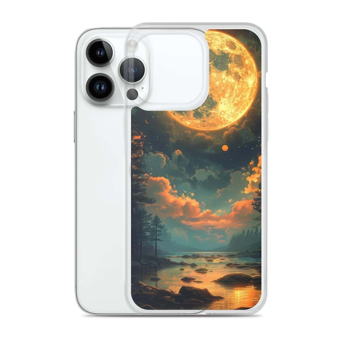 The moon-shaped clear case for your iPhone features a stunning depiction of Earth's satellite over a tranquil lake.