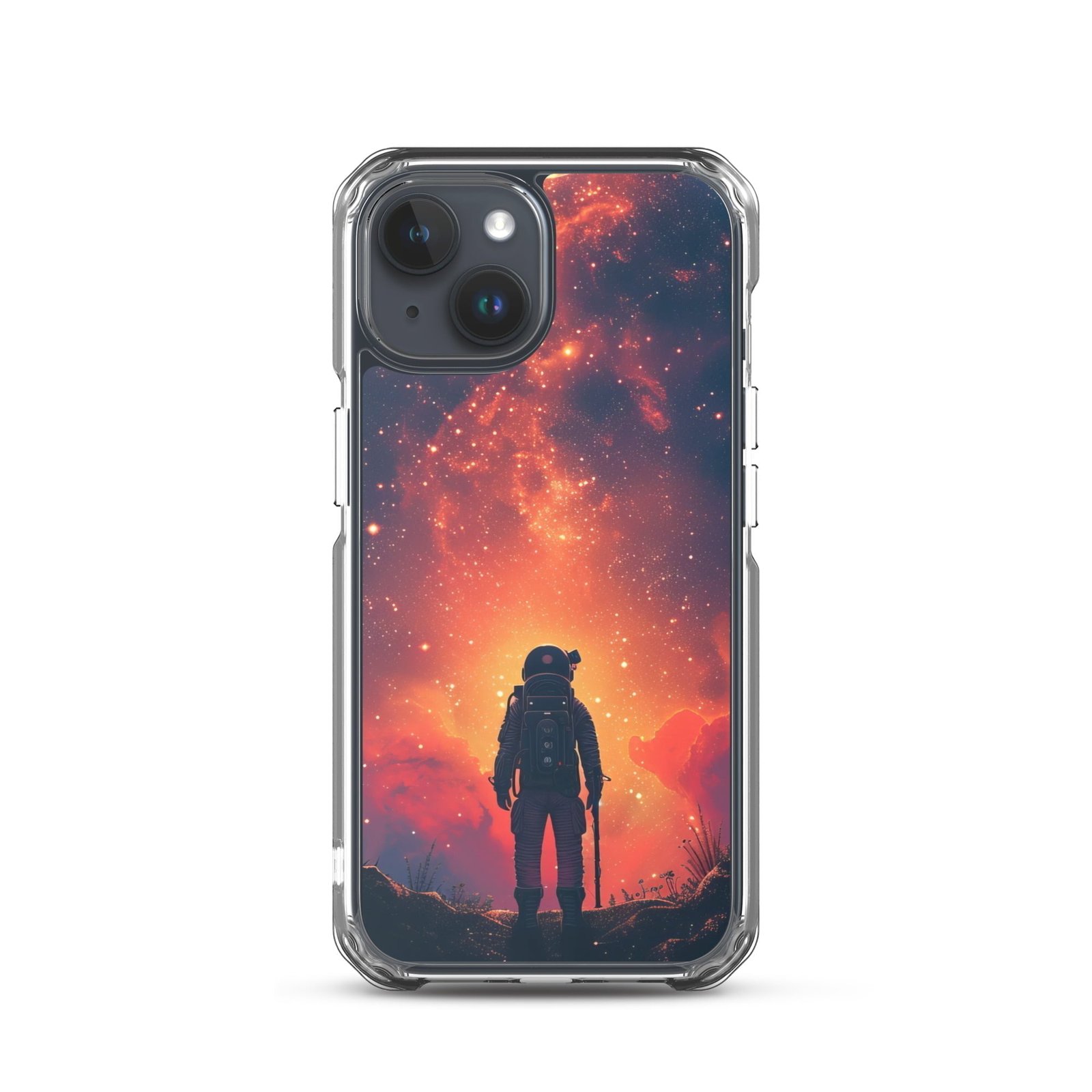 A clear iPhone case featuring an image of a man in space.