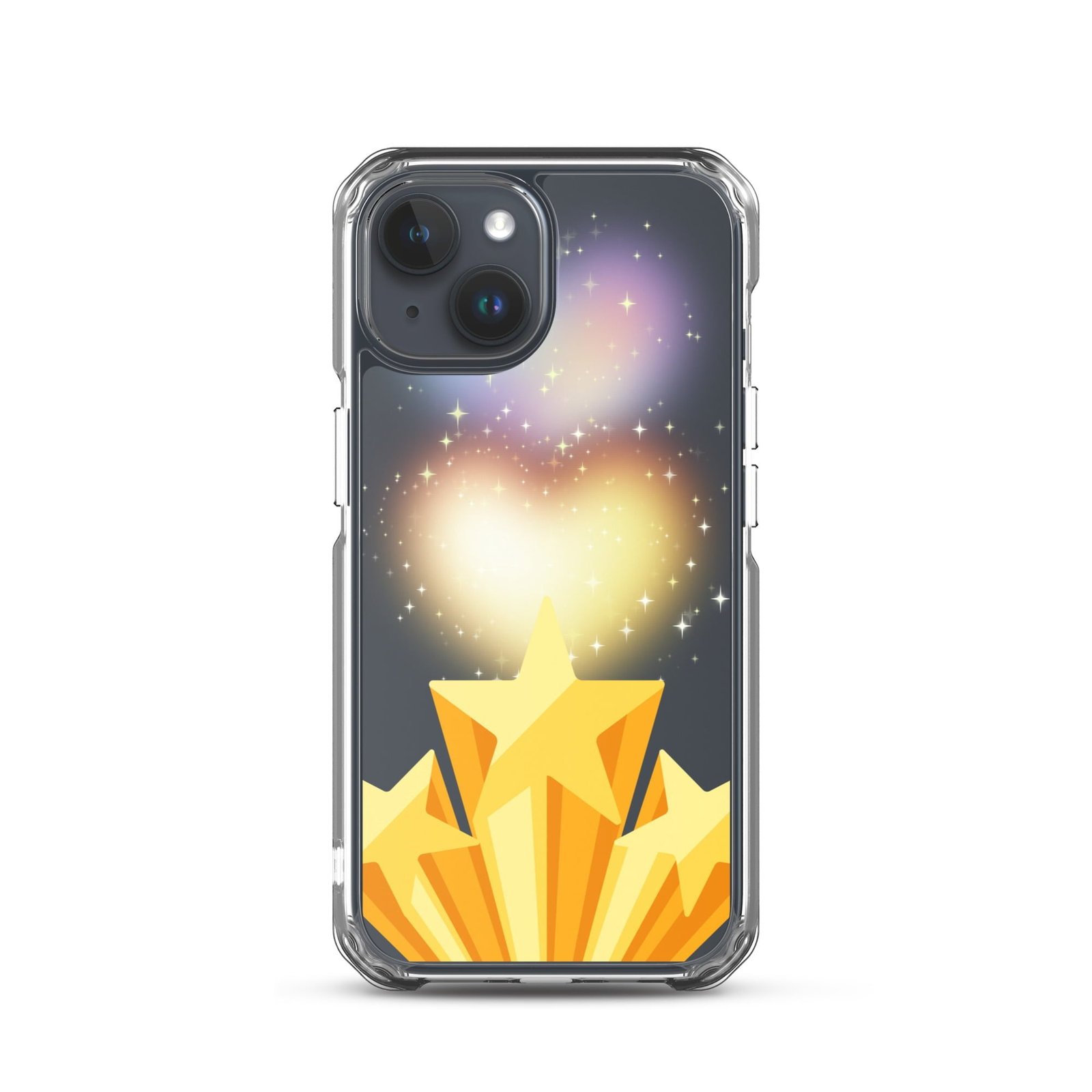 A clear phone case with stars all over it, creating a mesmerizing space-inspired design.