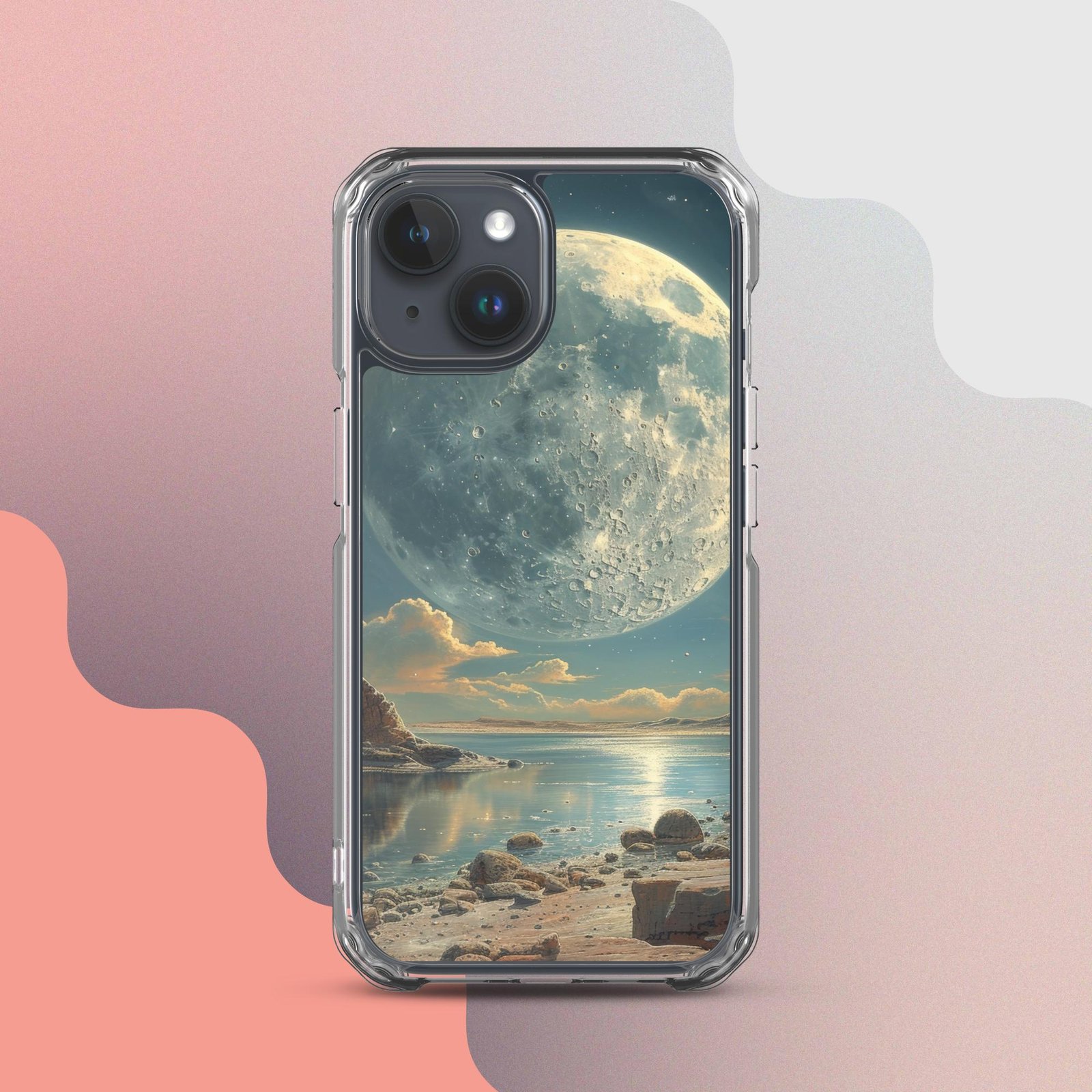 A clear iPhone case featuring a stunning image of the moon and rocks.