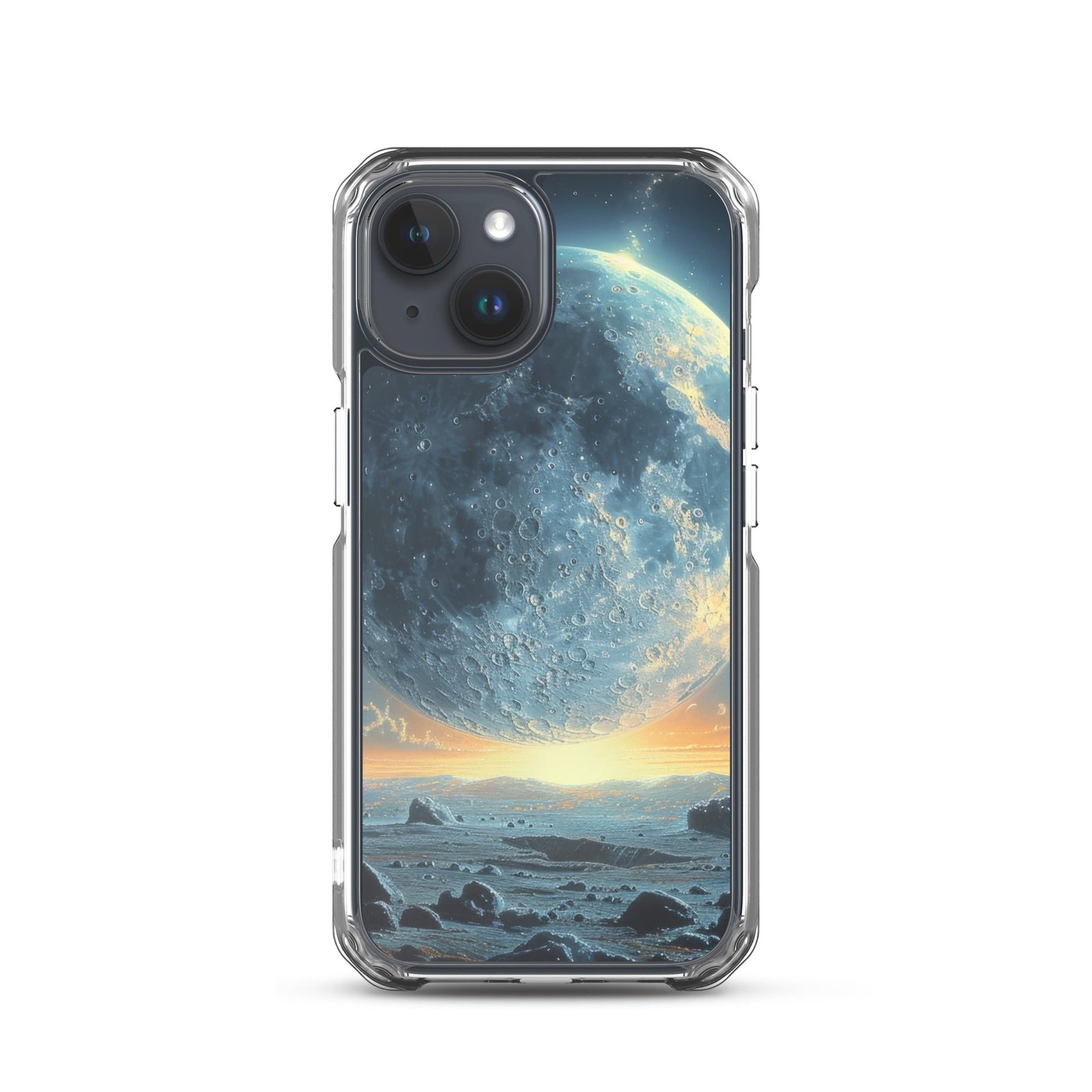A clear iphone case with a closer view of the moon and stars.