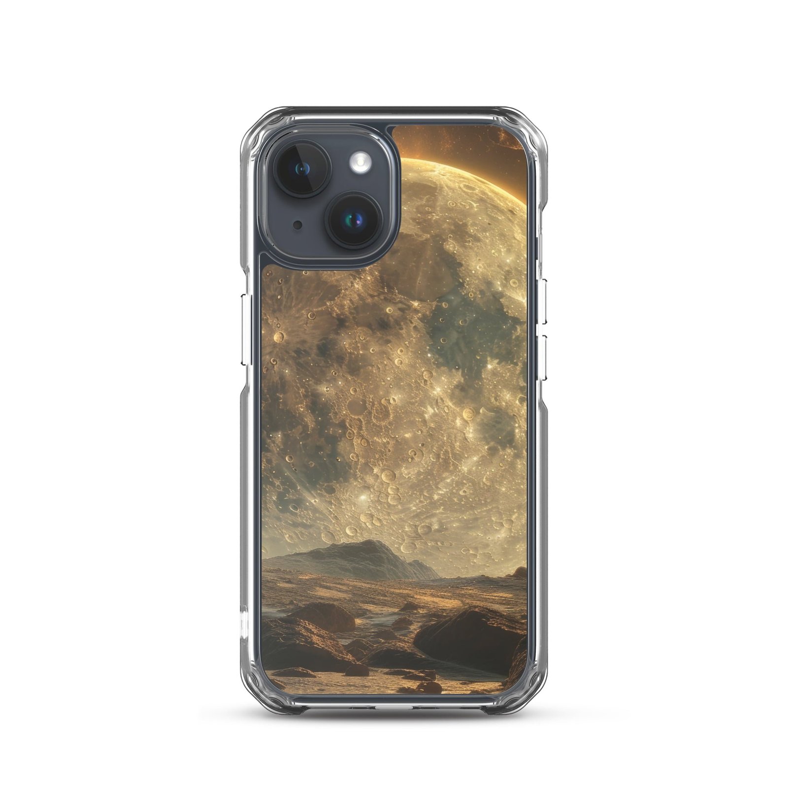 An iPhone case featuring a full moon on a clear background.
