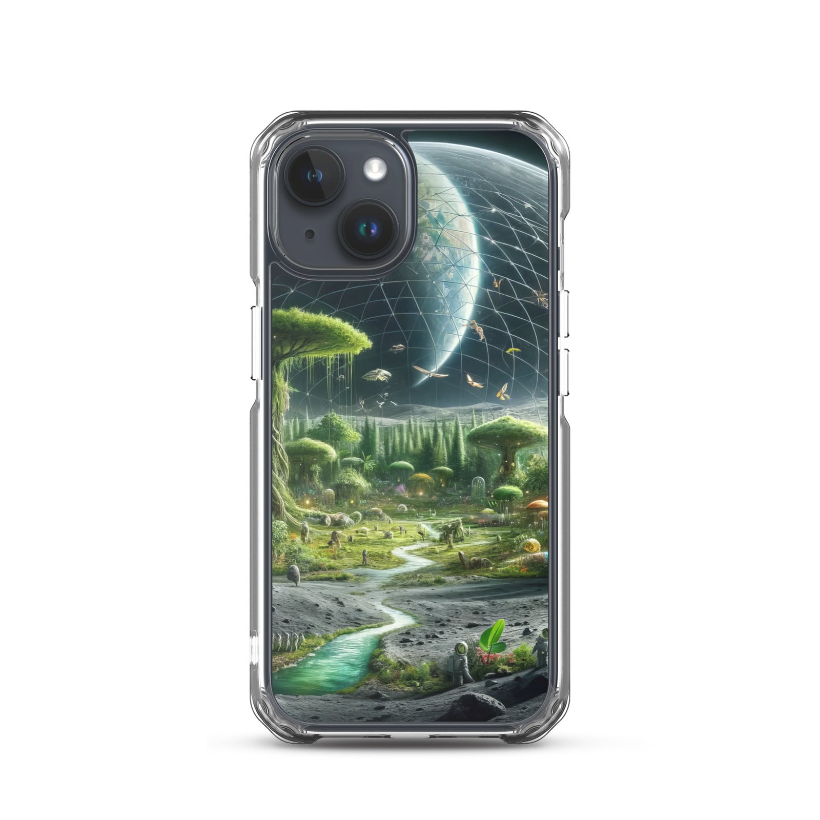 A clear iPhone case featuring an image of an alien landscape on the moon.