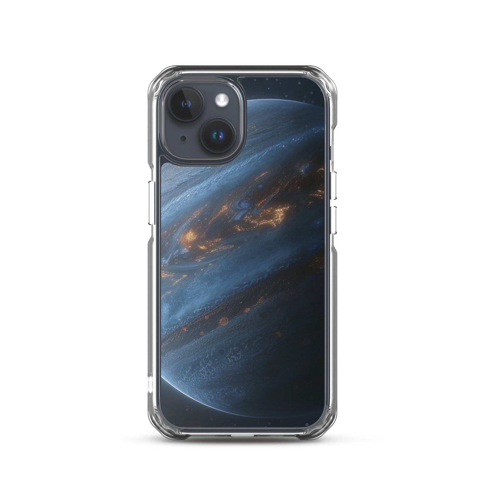 A clear iPhone case featuring an image of the planet Jupiter.