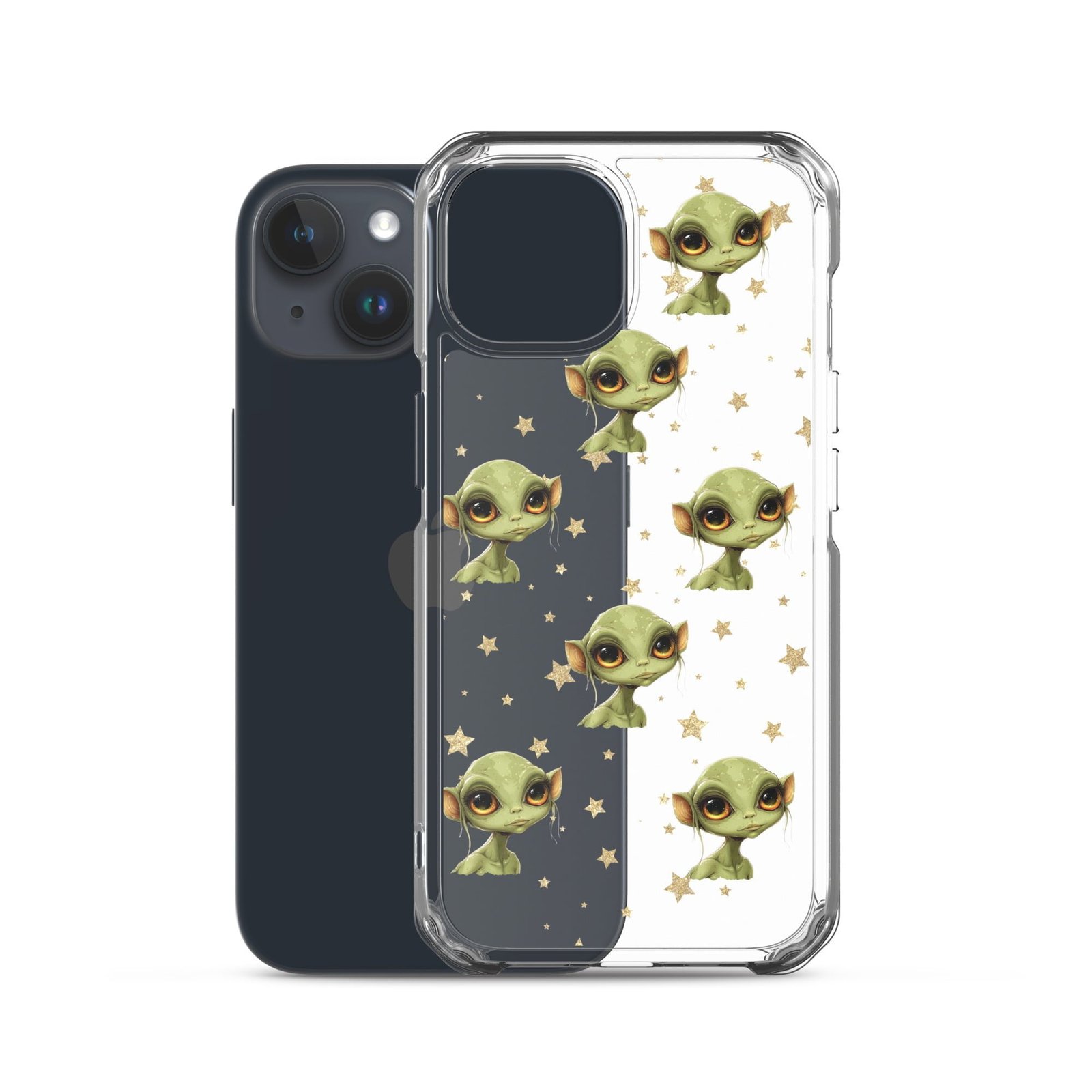 A clear case with a green and white alien on it.