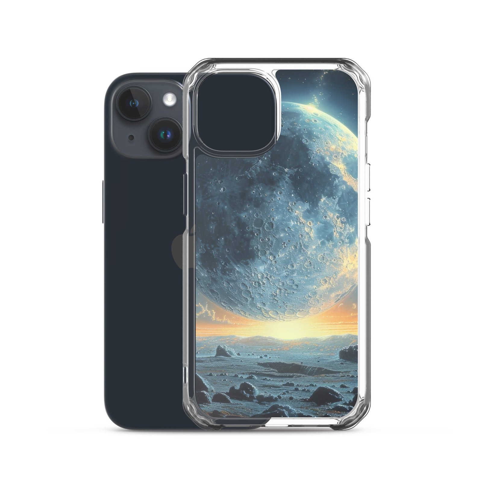 A clear iPhone case featuring an image of the moon and planets, bringing you closer to the celestial world.