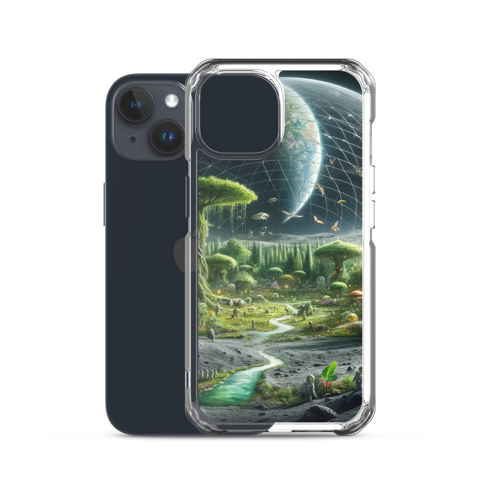 A Moon Clear Case for the iPhone featuring an image of an alien landscape.