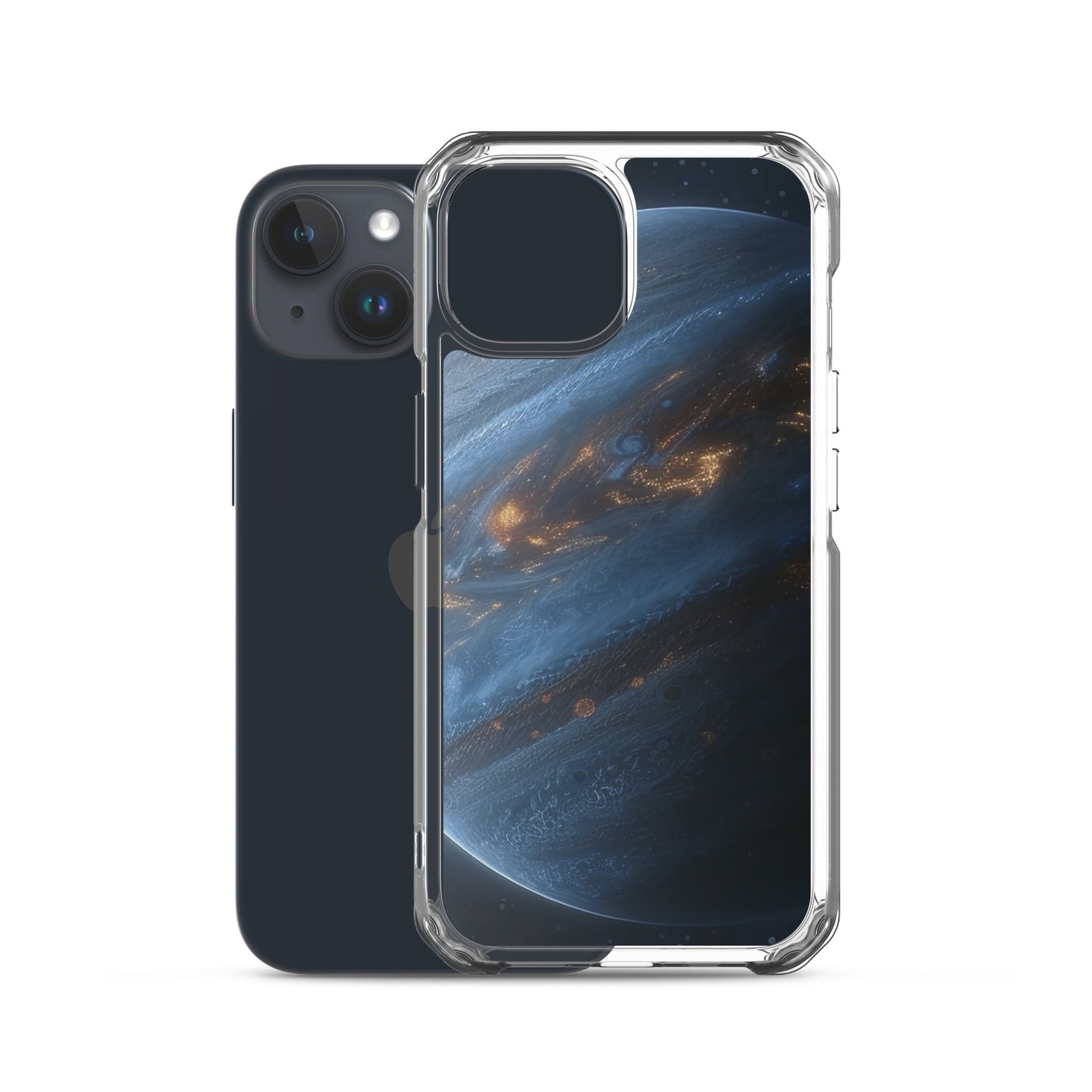 A clear iPhone 11 case featuring an image of the planet Jupiter.