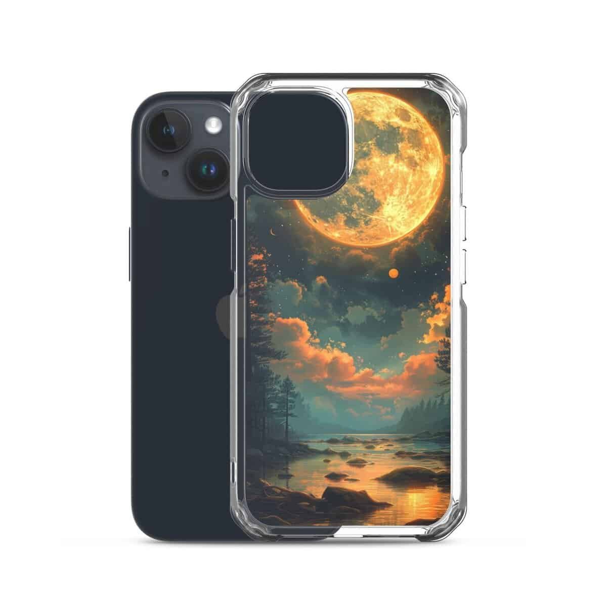 A clear iPhone case with a moon in the sky.