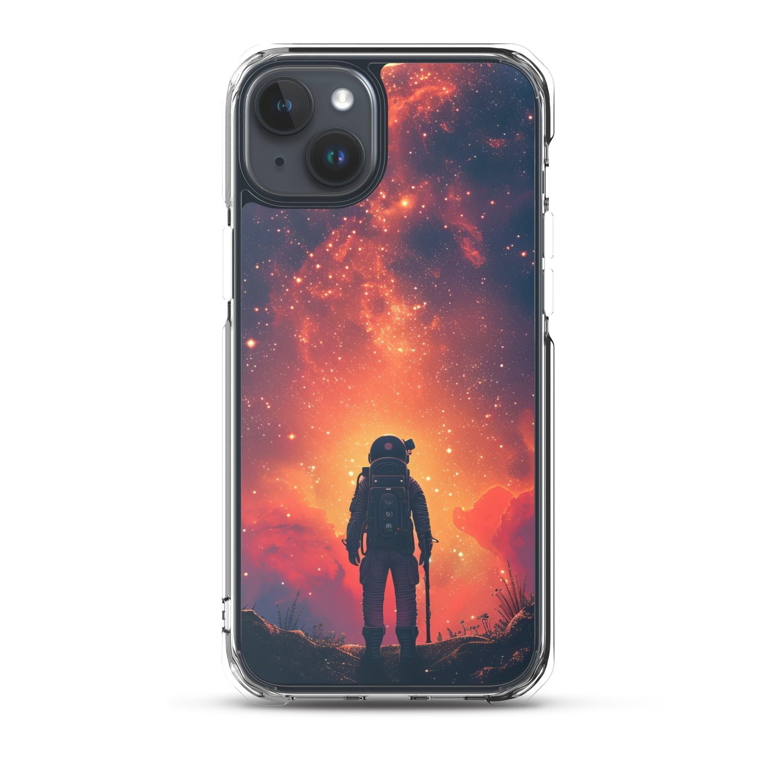 An iPhone clear case featuring a man in space surrounded by a starry sky.