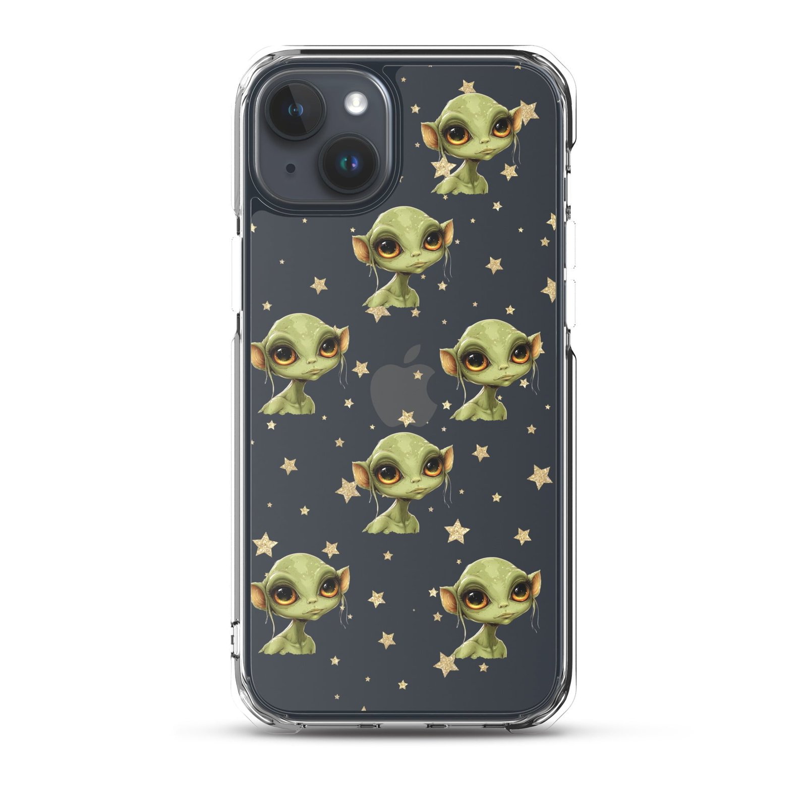 A green iPhone case adorned with adorable elves and twinkling stars.