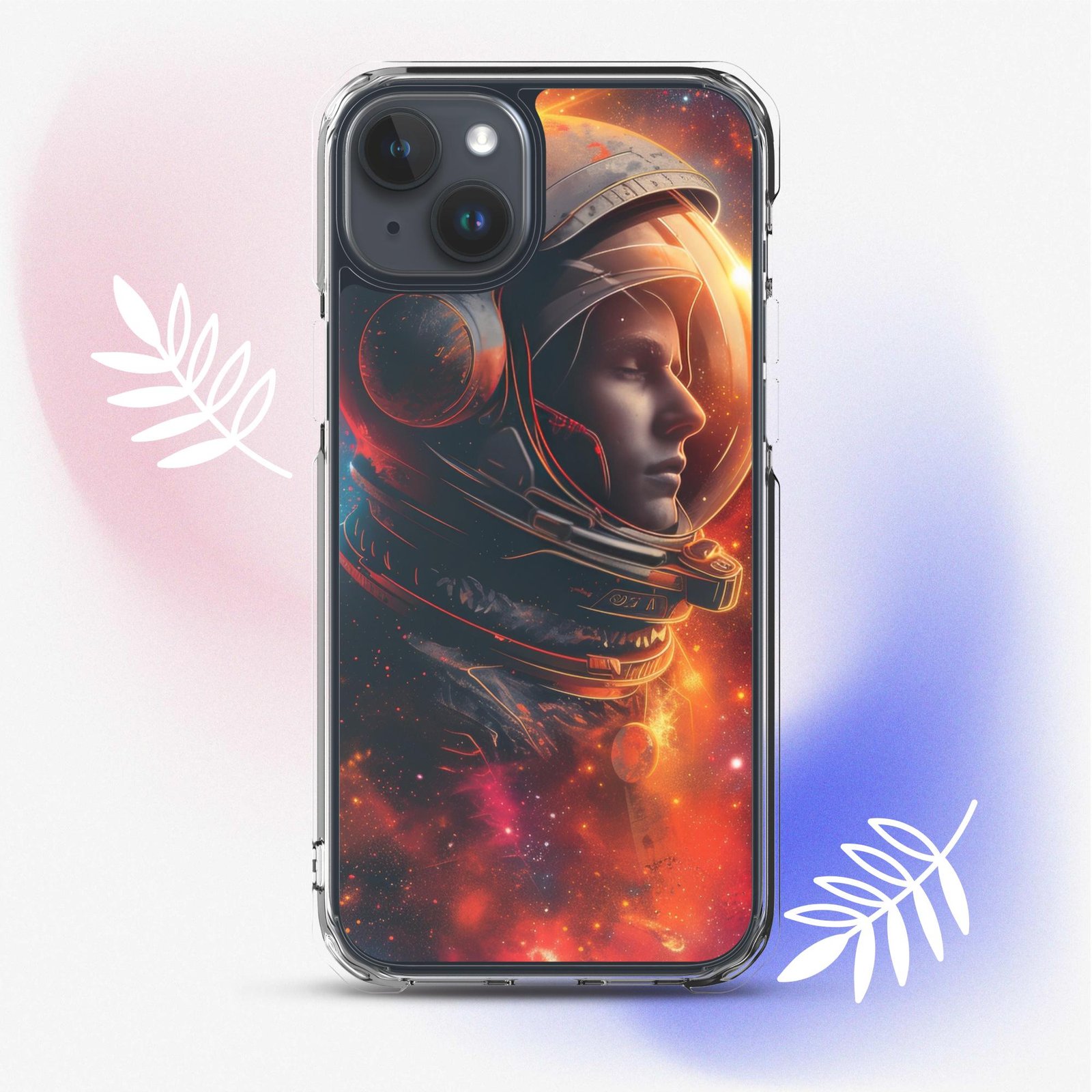 A clear case with an astronaut in space exploring the universe.