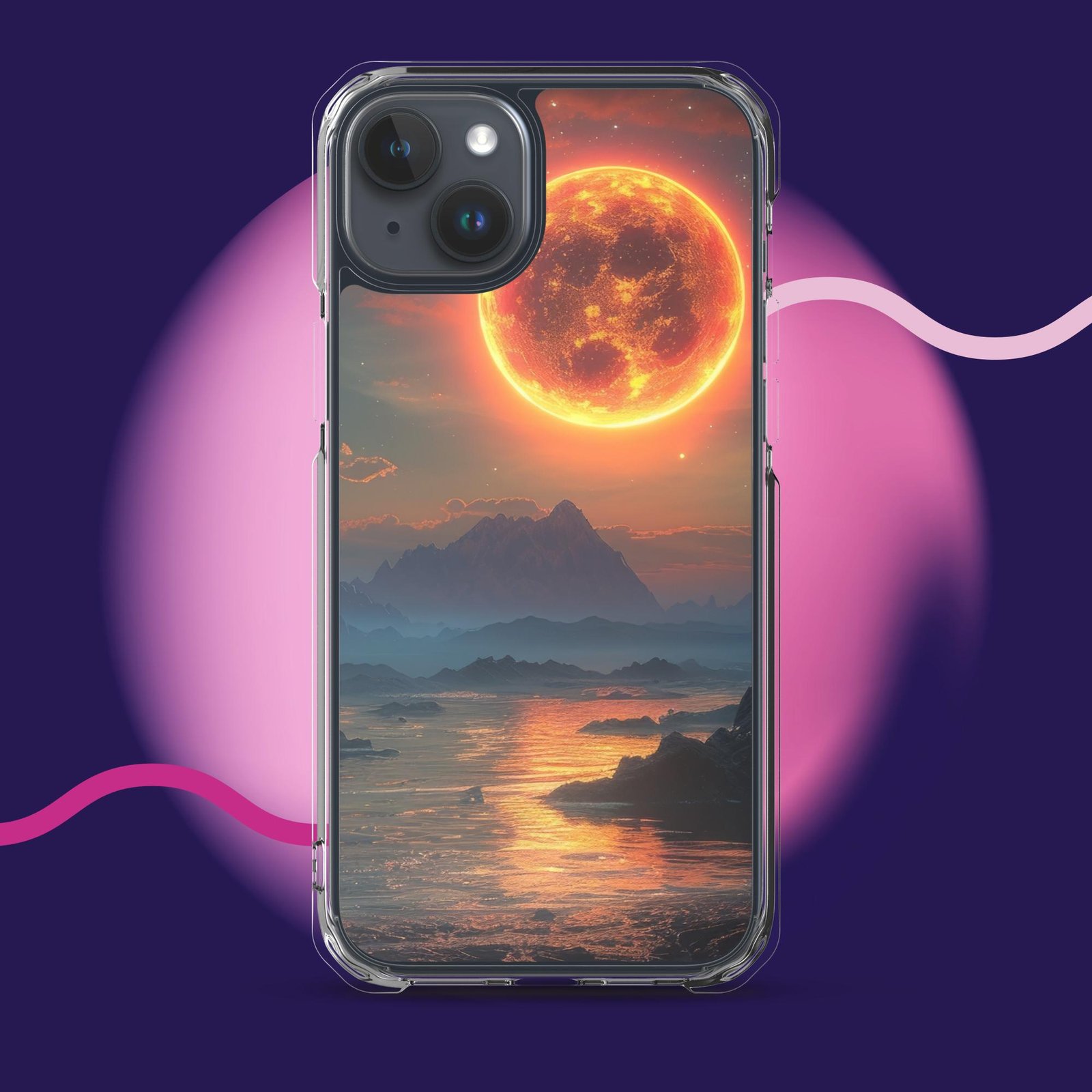 An iPhone case with an image of the moon and ocean.