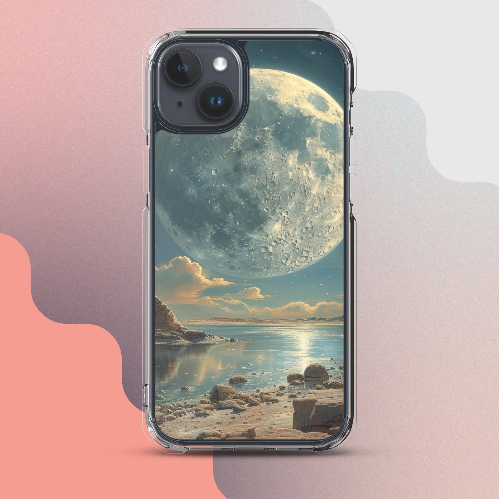 A clear phone case adorned with a moon.