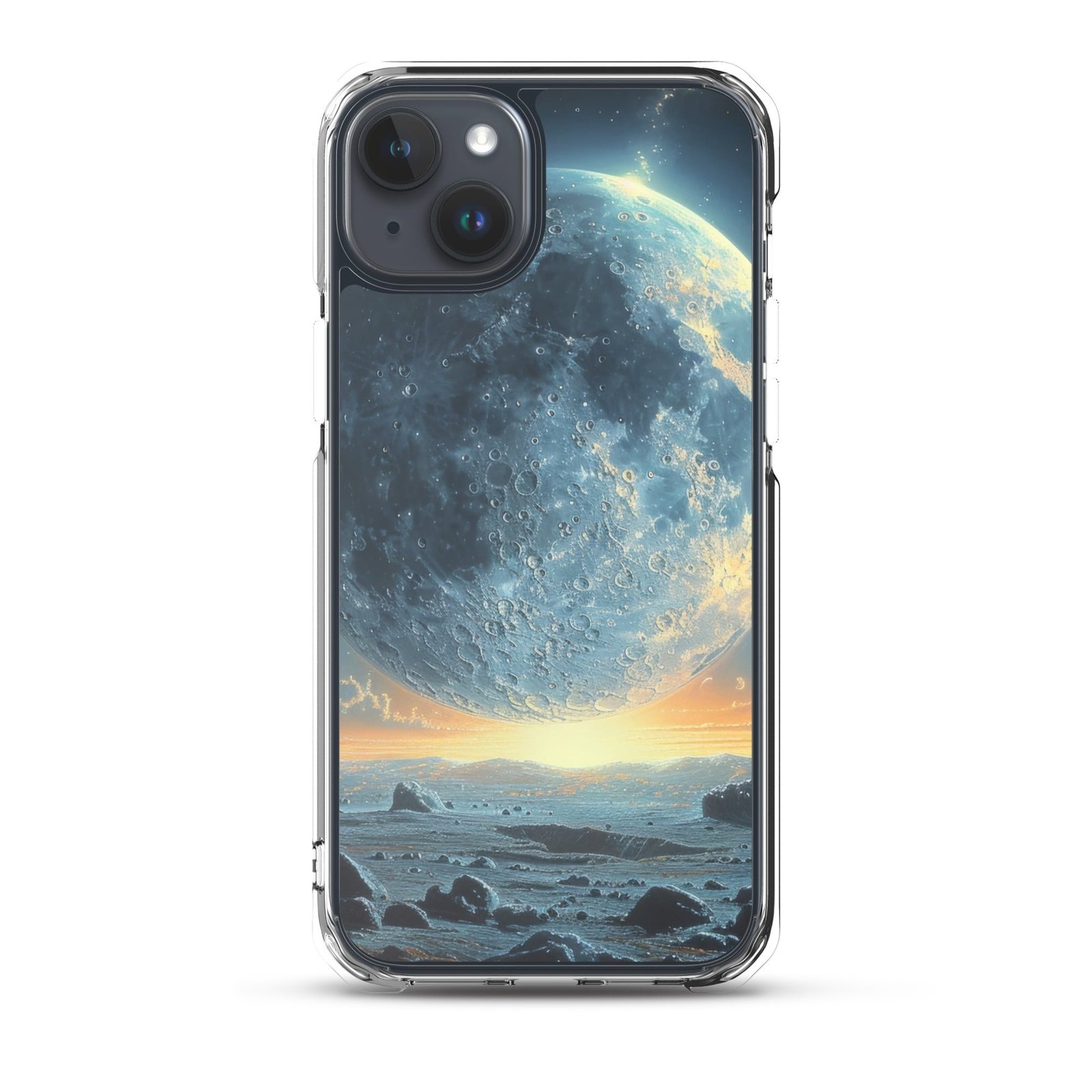 A clear iPhone case featuring the moon background, bringing you closer to the moon.