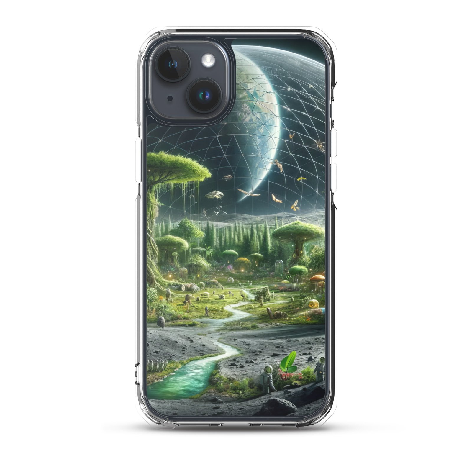 A clear case for the iPhone featuring an image of an alien landscape on the moon.