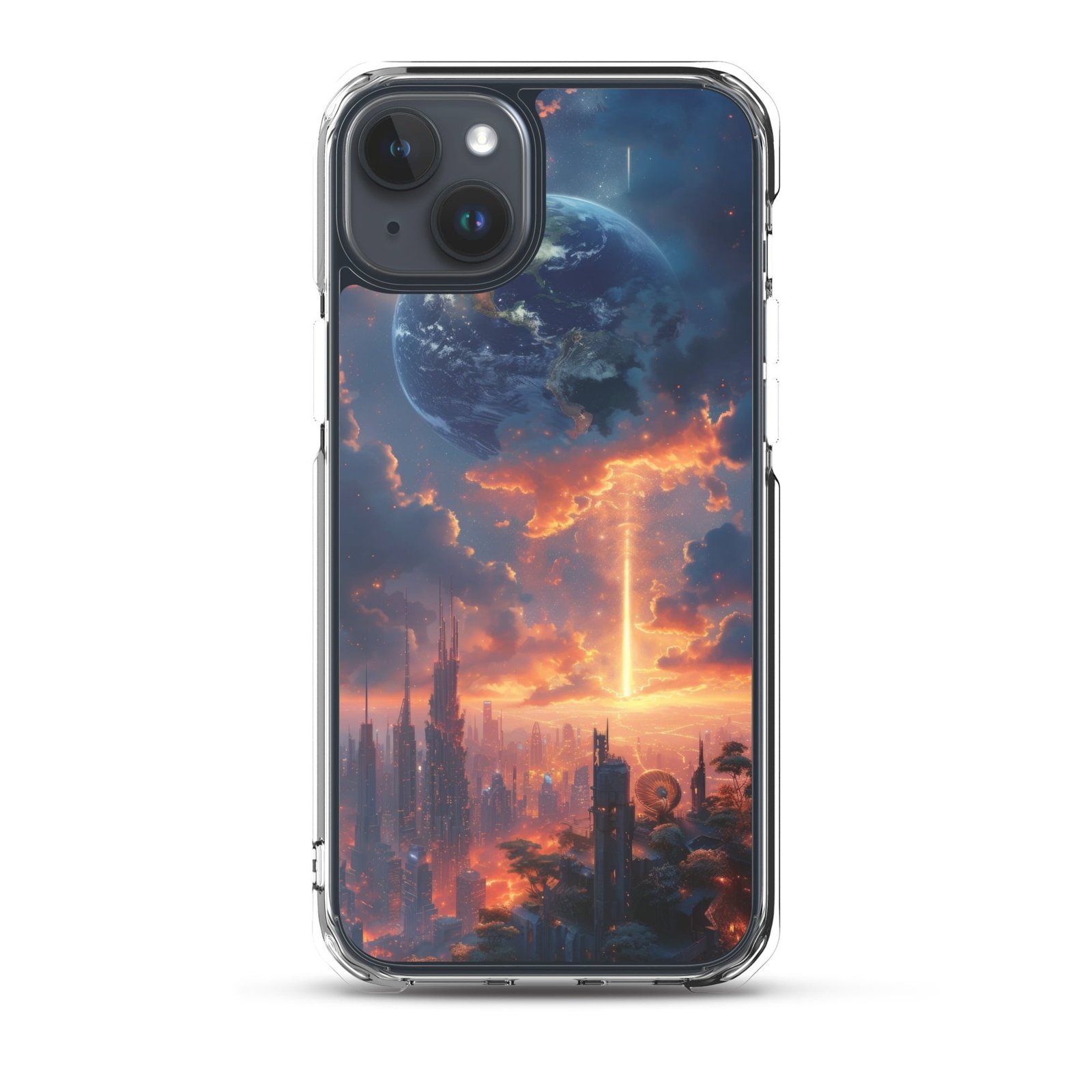 A clear phone case with an image of a city at sunset, perfect for your iPhone.