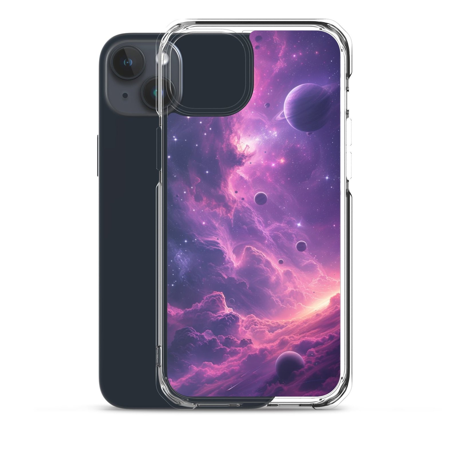 A stunning galaxy-themed iPhone case featuring an image of a nebula and planets, embodying the beauty of outer space.