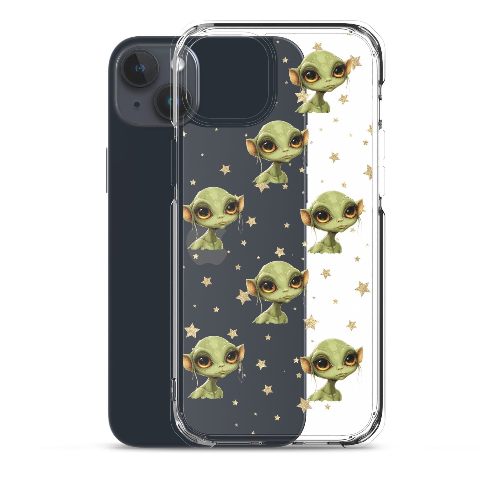 A couple of cell phones with a clear case featuring a green alien face.