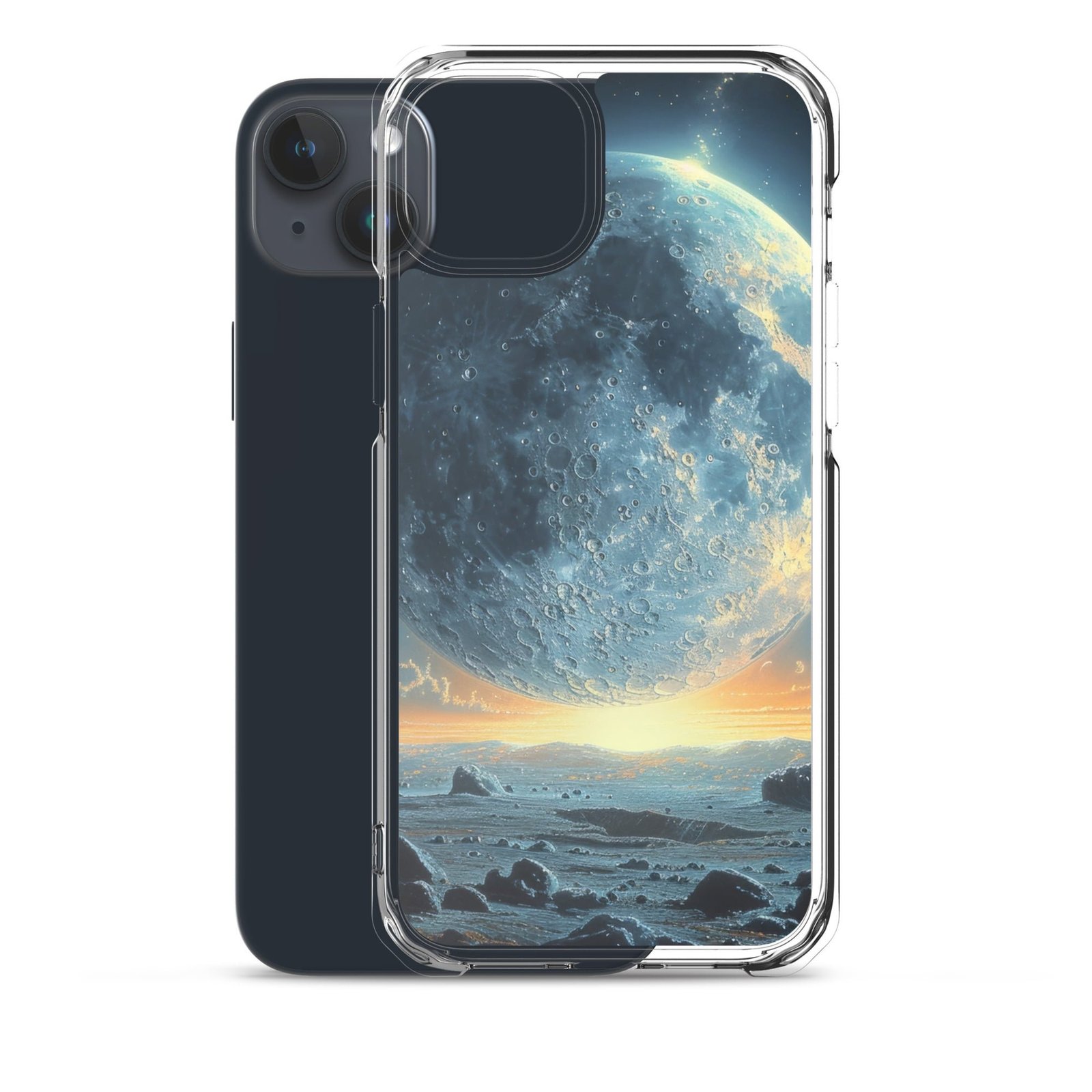 A Clear Case with an image of the Moon and rocks, bringing you Closer to the Moon on your iPhone.