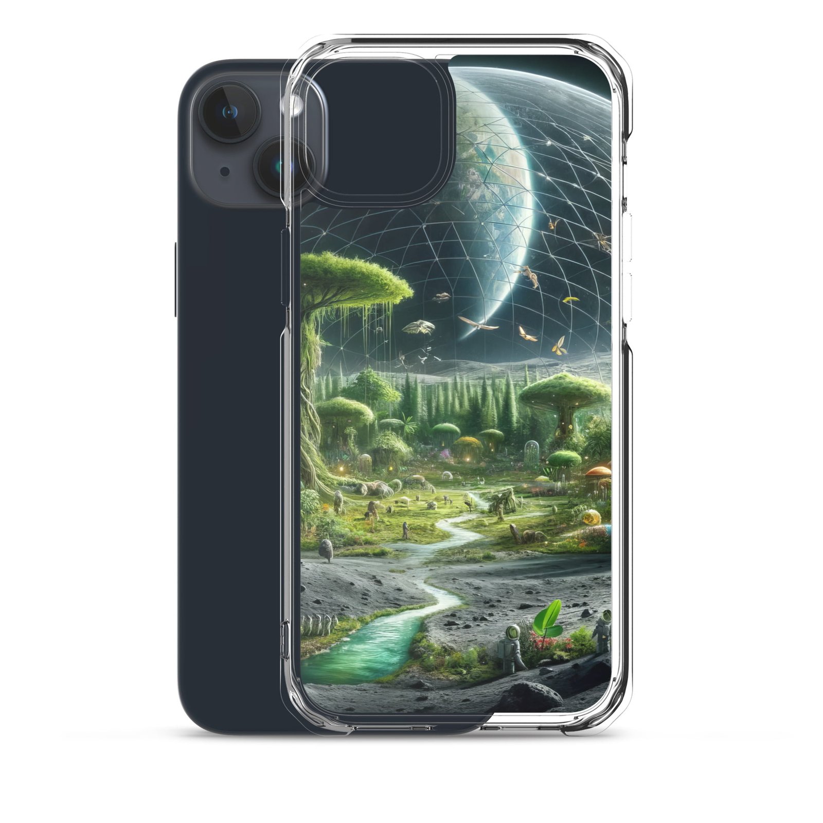 An iphone case with a clear case featuring an image of an alien landscape.
