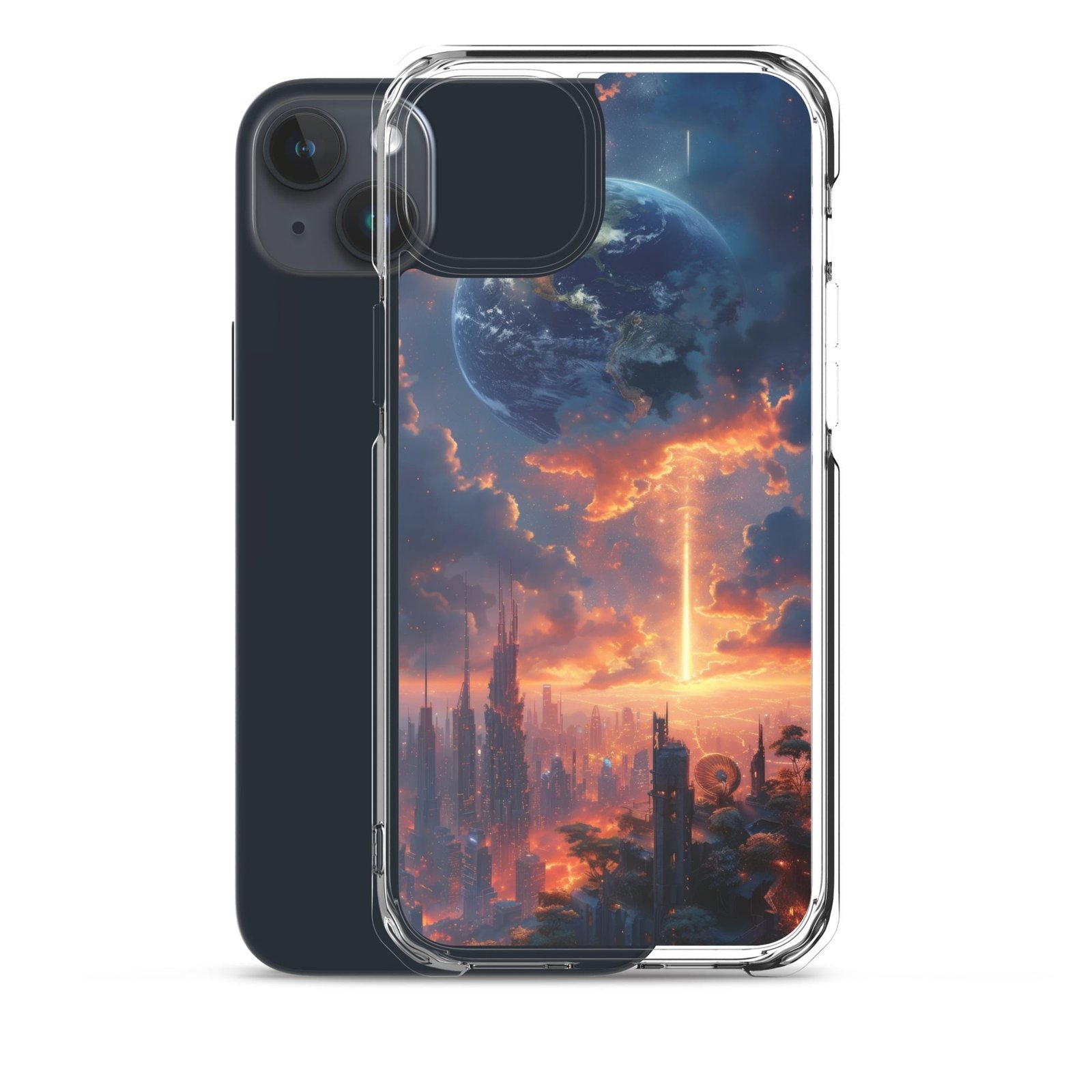 A clear iPhone case adorned with a stunning image of a city at sunset.