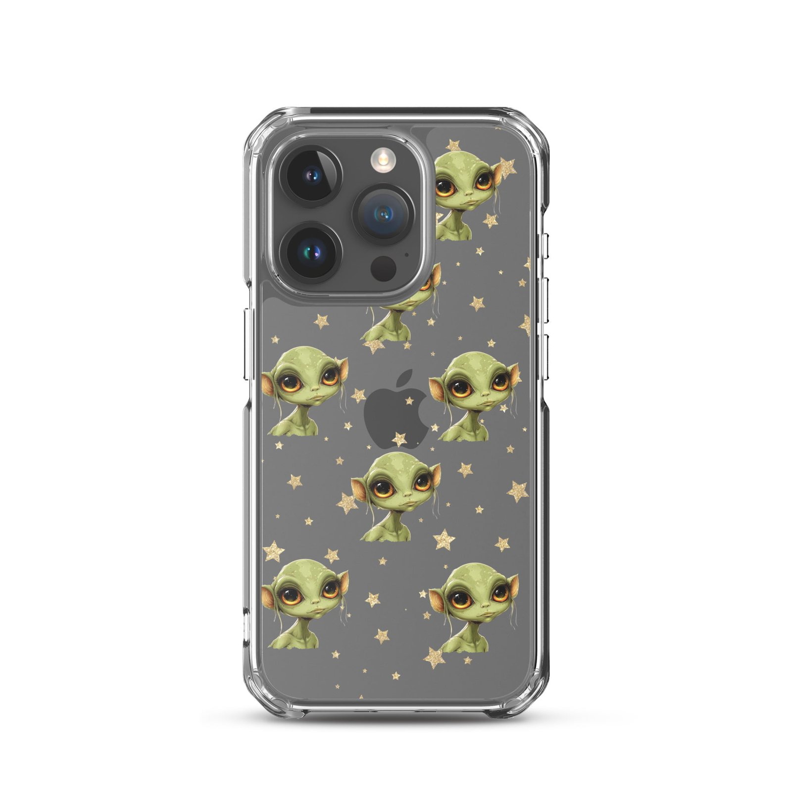 A clear case with little aliens on a starry background.