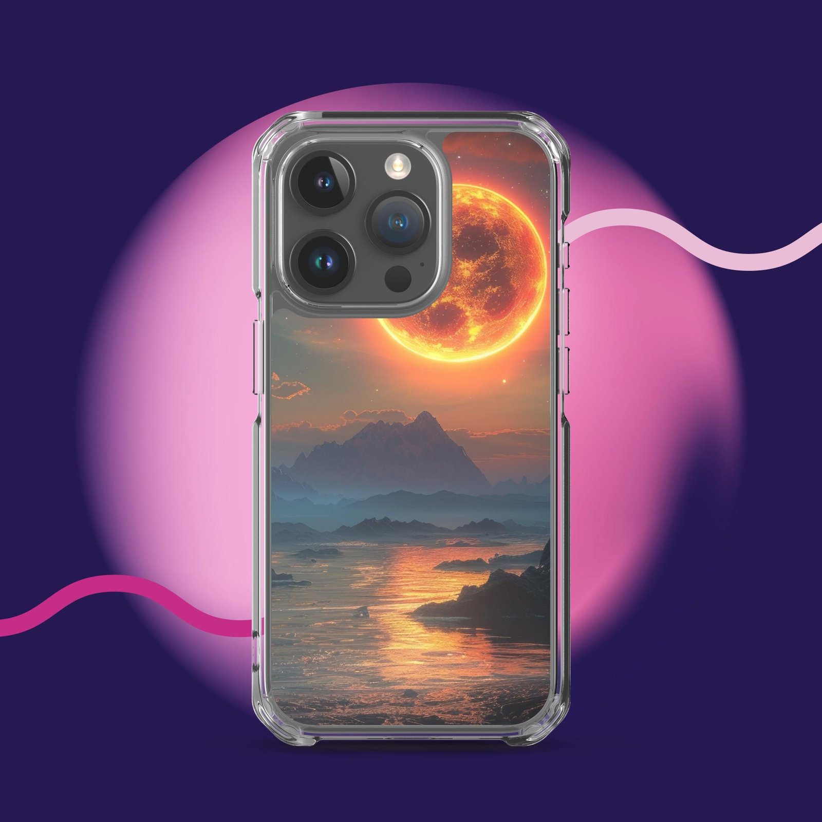 A clear phone case with an image of a sunset and mountains, perfect for iPhone users.