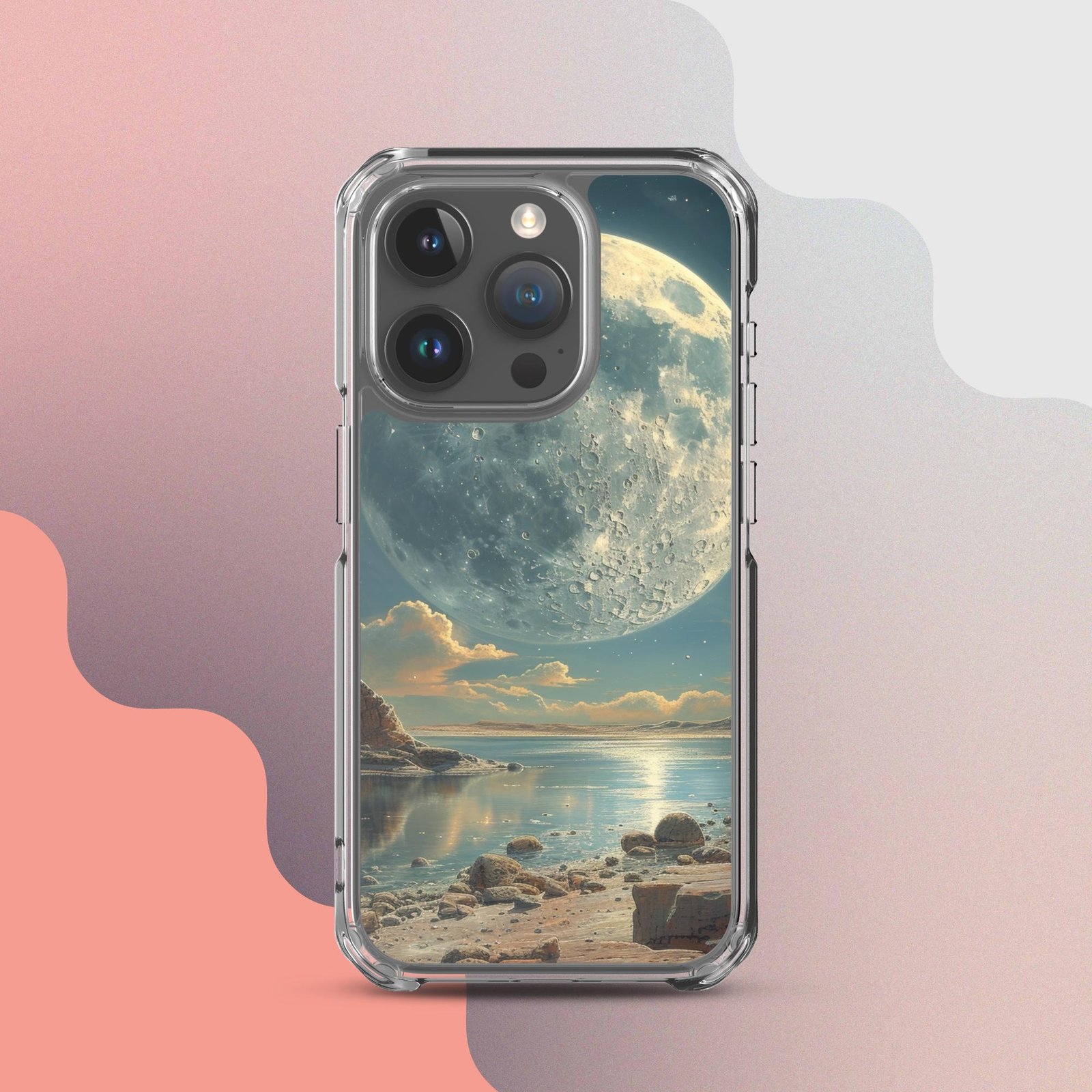 A To the Moon Clear Case with an image of the moon, designed specifically for iPhone.