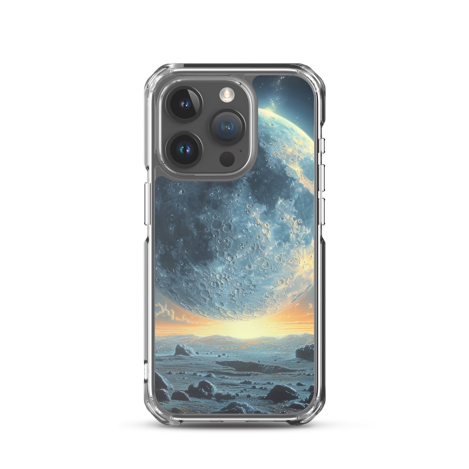 A "Clear Case" with an image of the moon and stars, perfect for iPhone users who wish to be "Closer to the Moon.