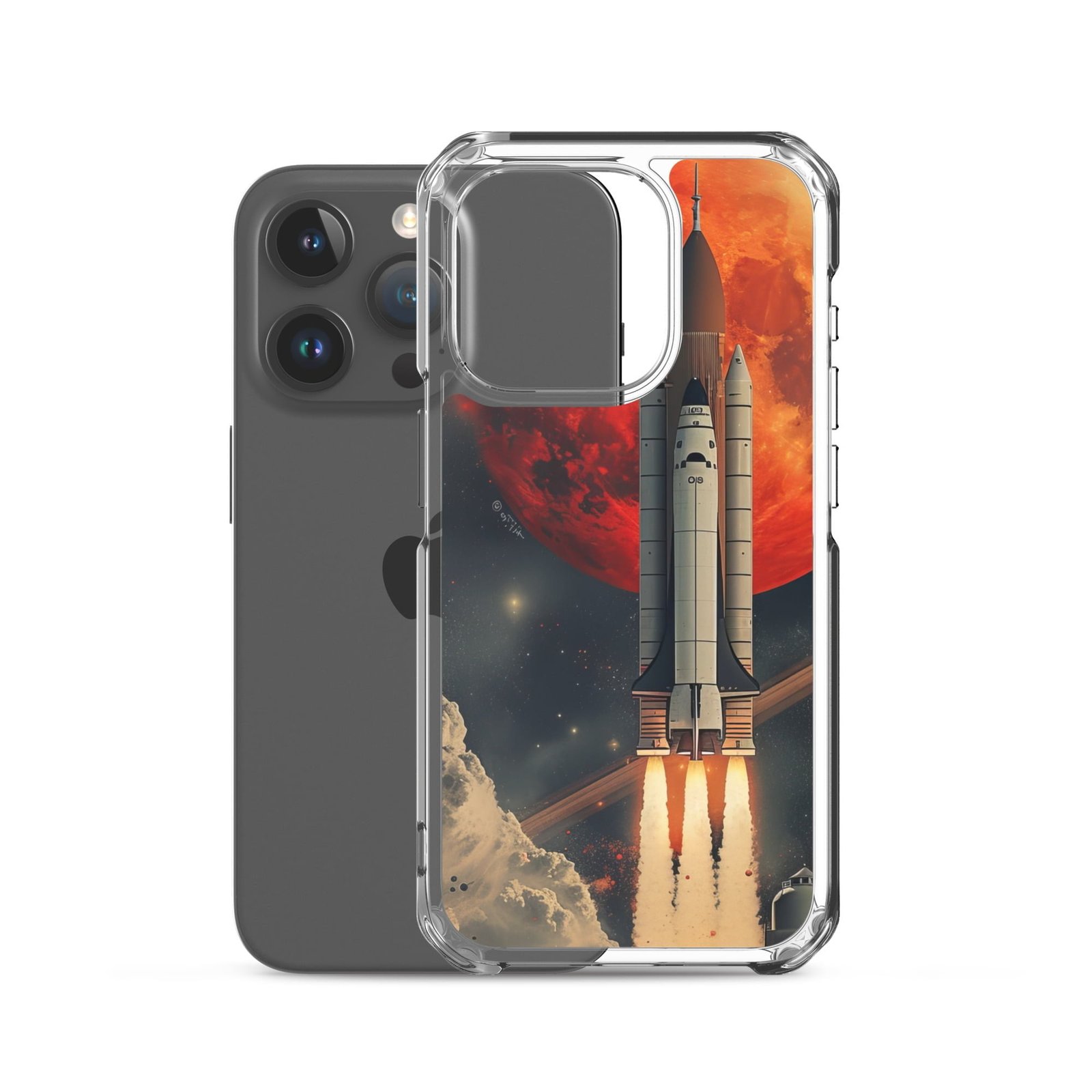 Clear iPhone case featuring NASA space shuttle launch design.