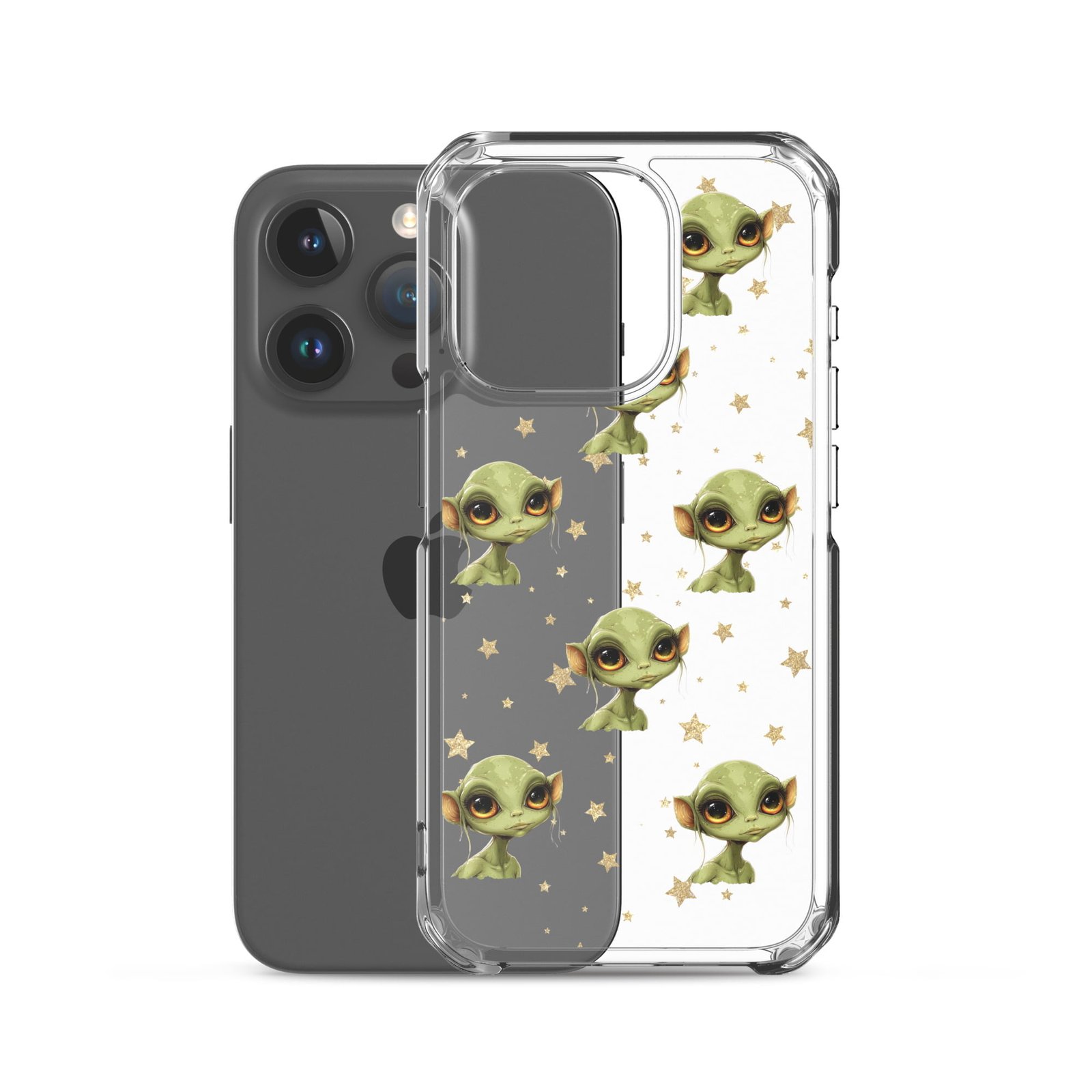 A couple of alien-themed cell phones protected with clear cases in a deep space design.