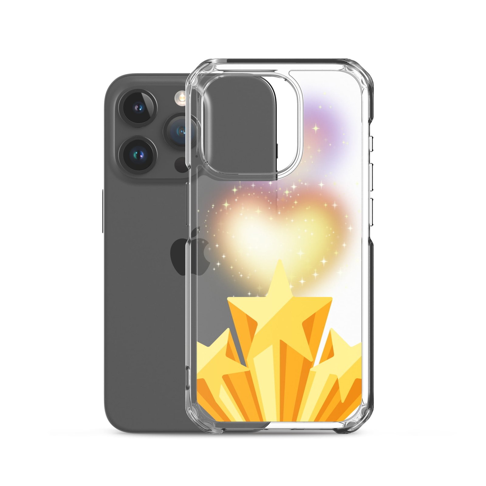A clear iPhone case adorned with a star and a heart, perfect for those who love space.