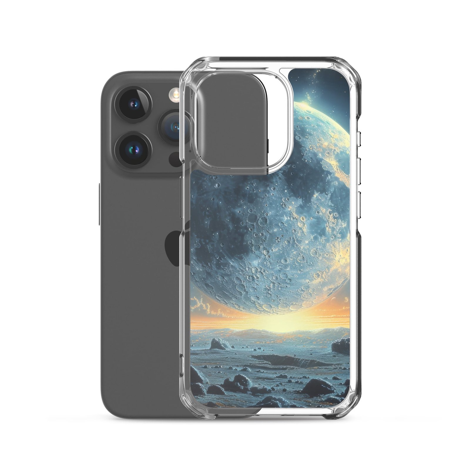 A clear iPhone case featuring an image of the moon and planets, transporting you closer to the wonders of space.