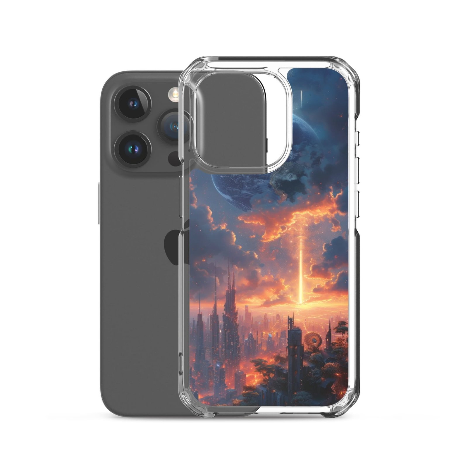 A clear case for an iPhone with an image of a city in the sky.