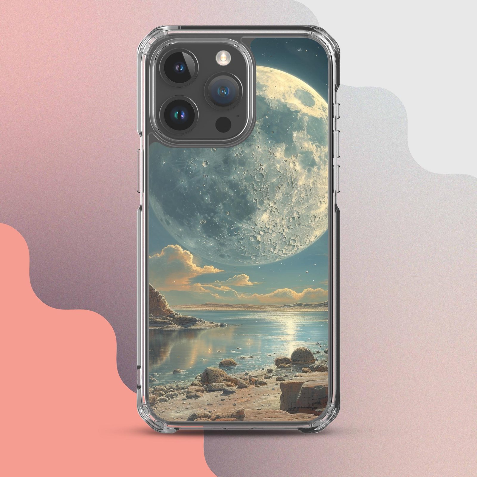 A clear phone case featuring an image of the moon, perfect for the iPhone.