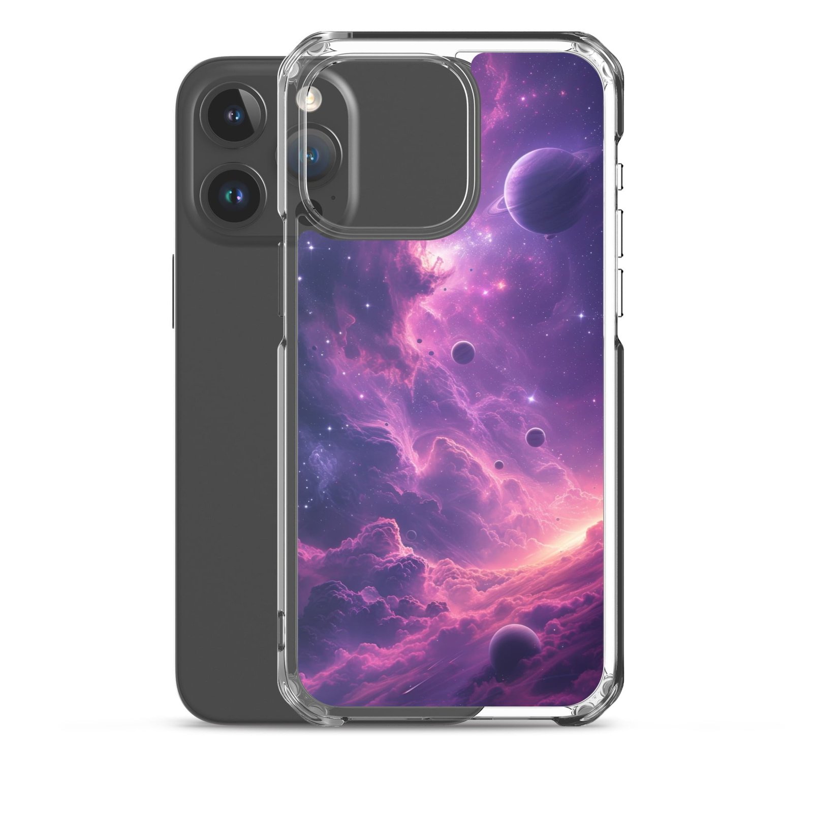 An iPhone case showcasing the mysterious beauty of a galaxy with planets.