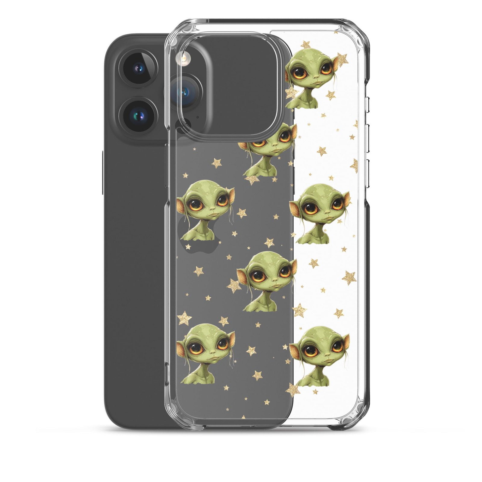 A Clear Case with Deep Space Aliens and stars perfect for iPhone.