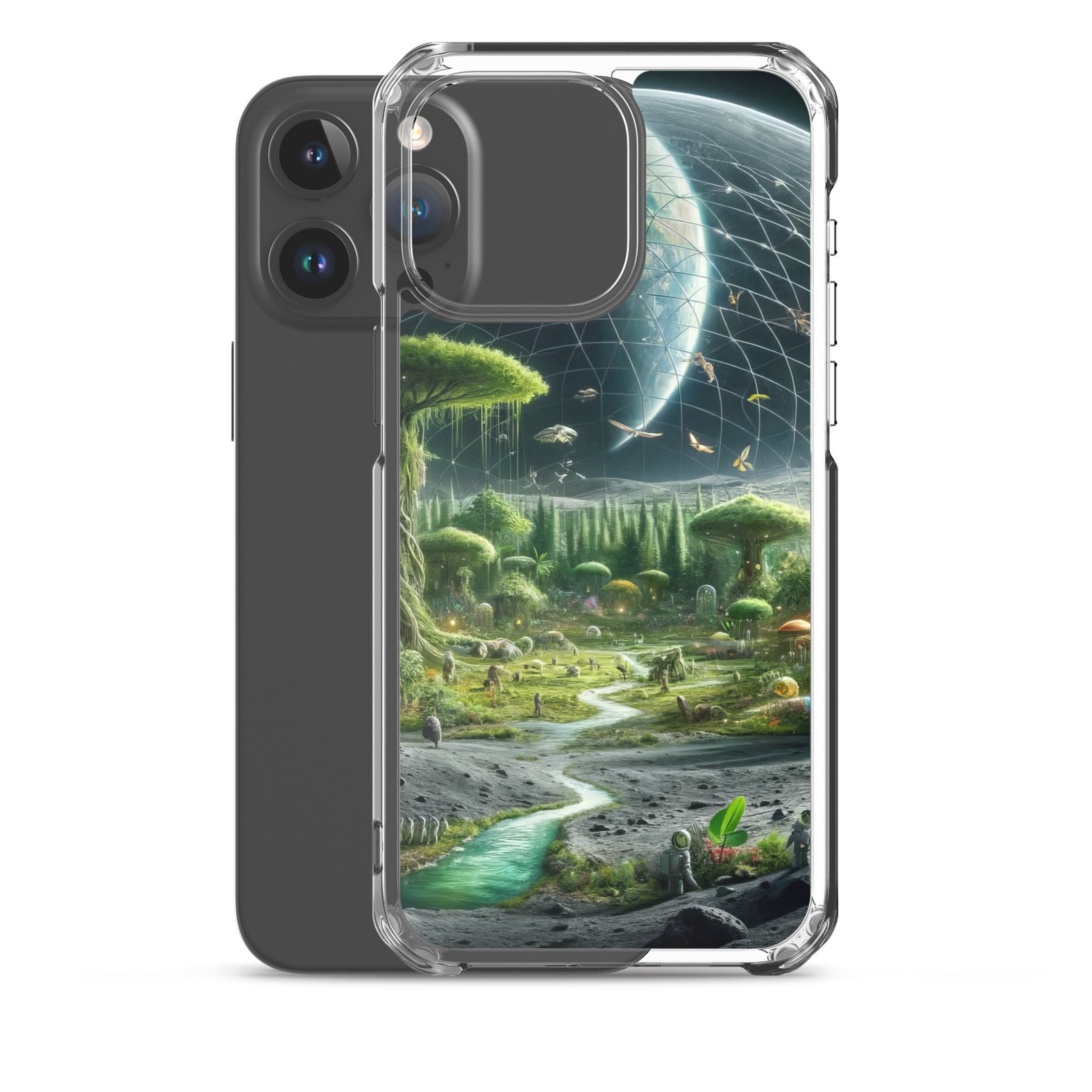 A clear iPhone case featuring an image of an alien landscape on the moon.