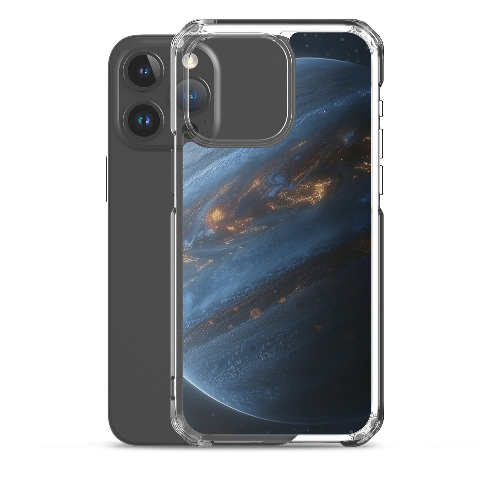 A clear iPhone 11 case featuring an image of the planet Jupiter.