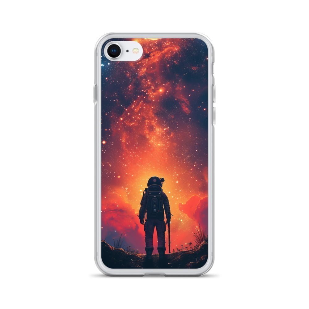 An iPhone clear case featuring an astronaut in space. Perfect for space enthusiasts and those looking for a unique design.