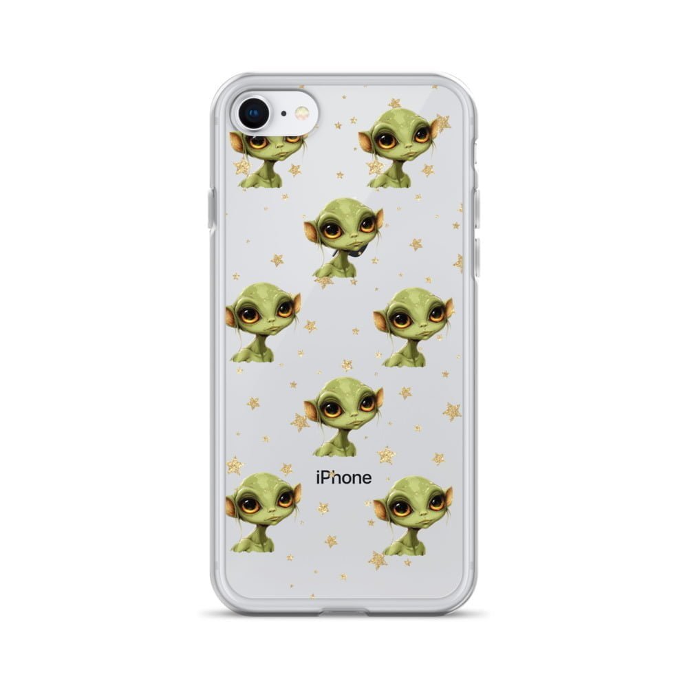 A clear iPhone case adorned with vibrant green aliens.