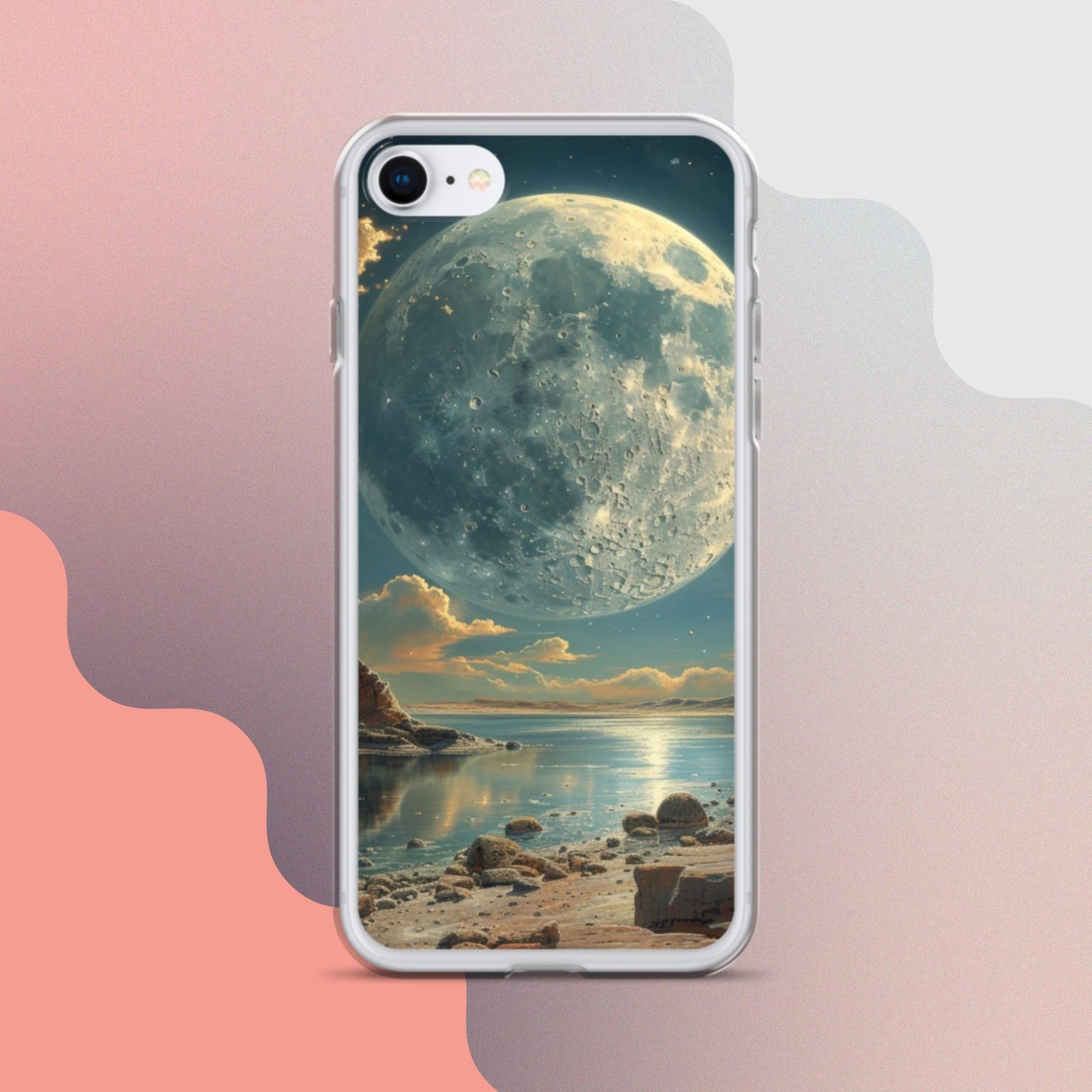 A Clear Case for iPhone featuring an image of the Moon.